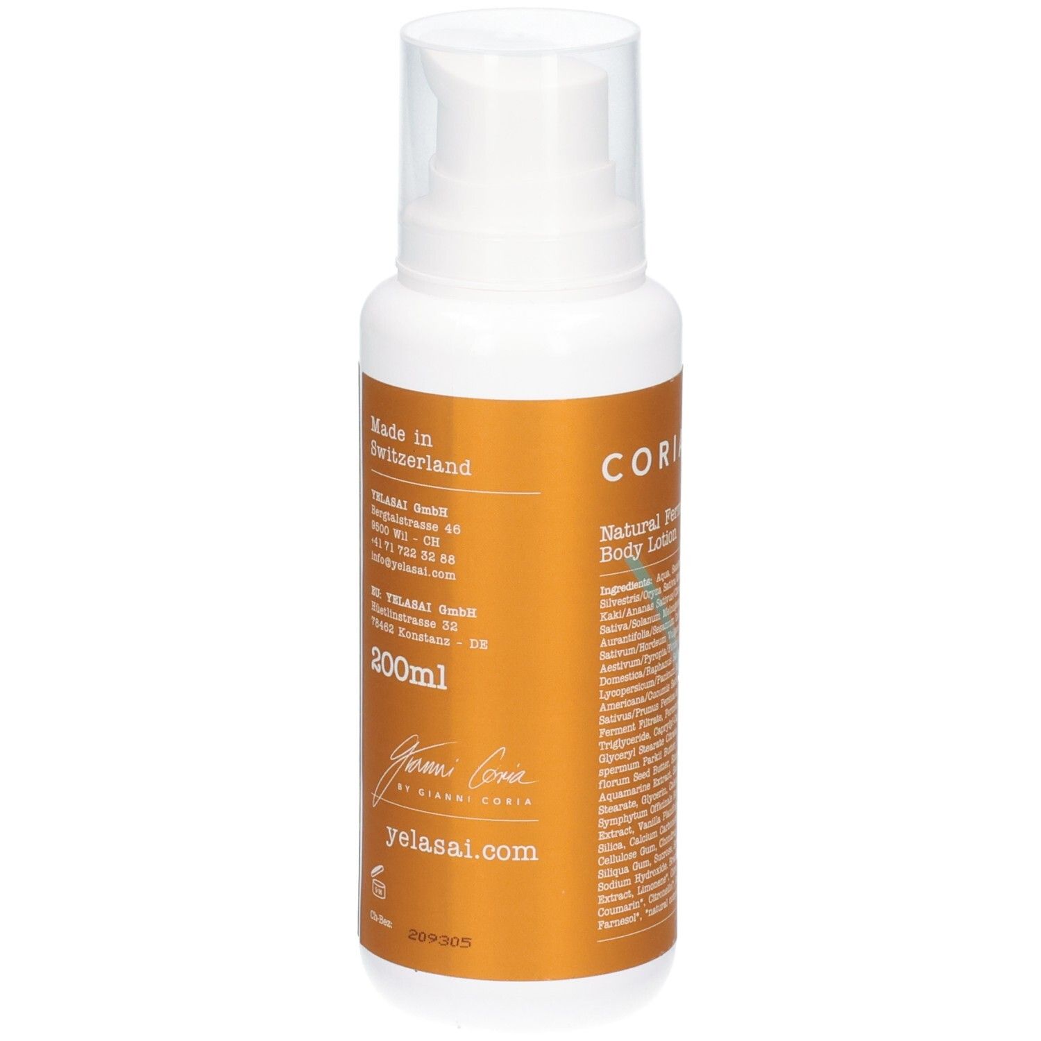 Rückseite der CORIADERM Body Lotion Flasche mit Herstellerangaben und "Made in Switzerland".