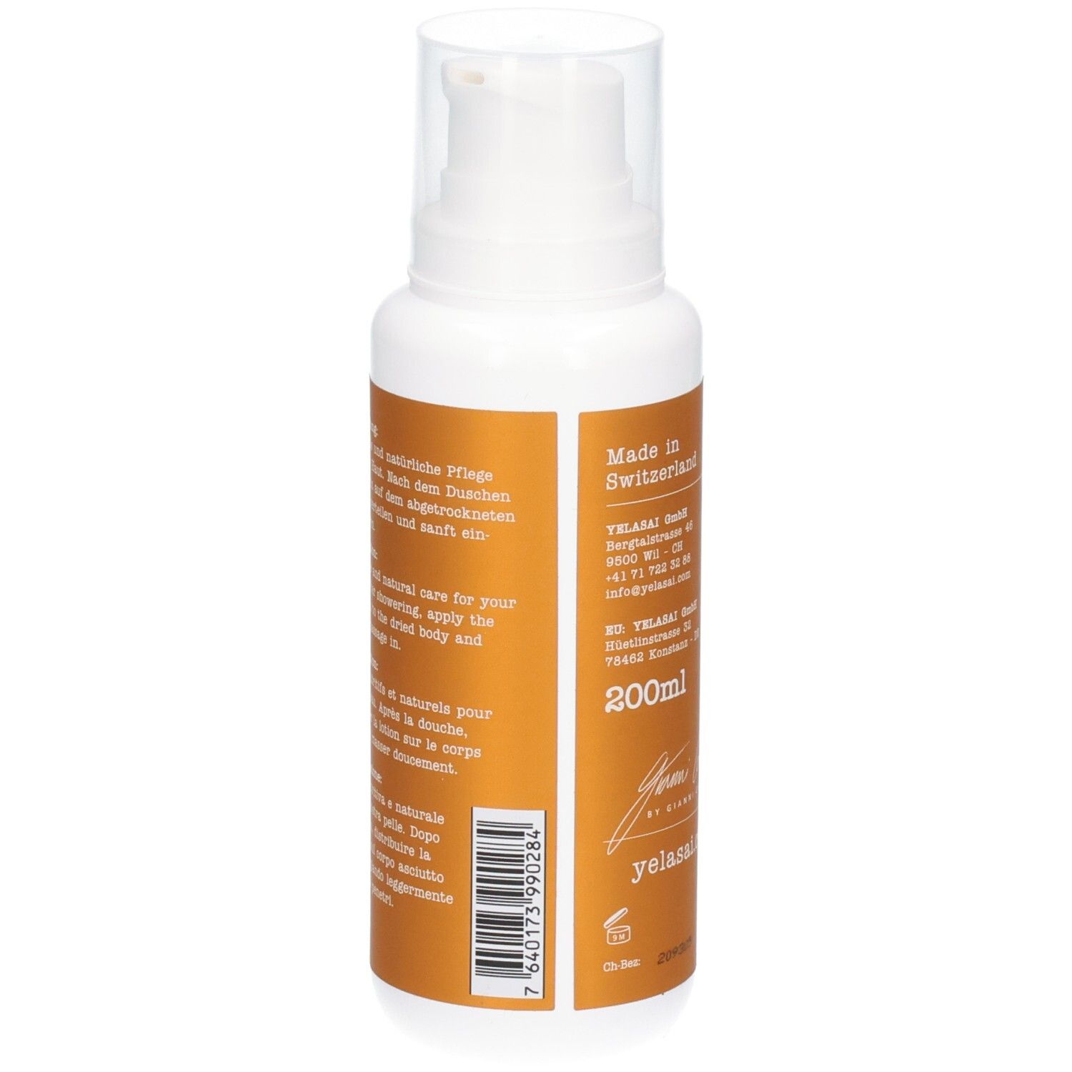 CORIADERM Body Lotion Flasche, Rückseite mit Anwendungshinweisen und Barcode.