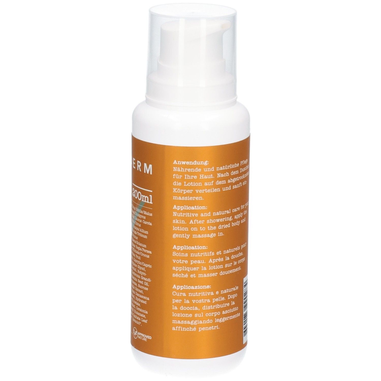 CORIADERM Body Lotion Flasche, Vorderseite mit Anwendungshinweisen in mehreren Sprachen.