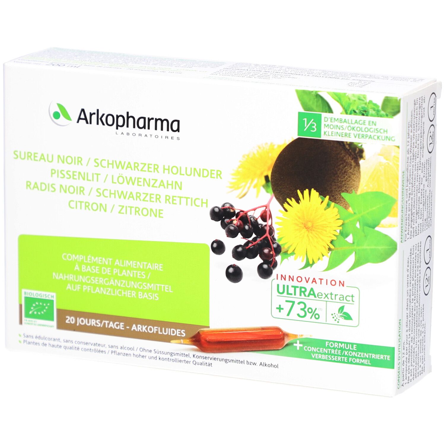 Karton mit Produktabbildung, Text: Sureau Noir, Schwarzer Holunder, Pissenlit, Löwenzahn, Radis Noir, Schwarzer Rettich, Zitrone, Zitronen.