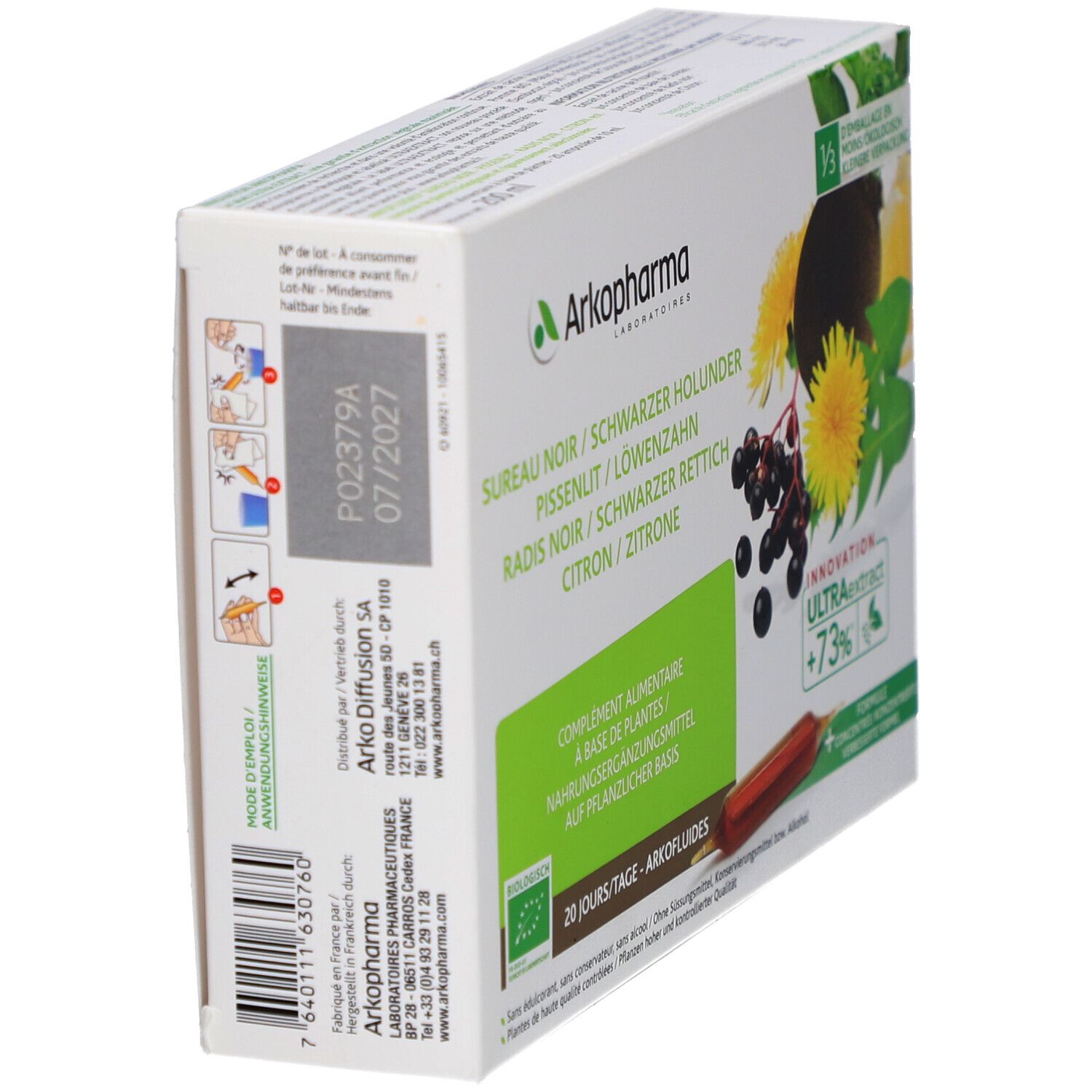 Schrägansicht einer Produktverpackung. Text: Arkopharma, Sureau Noir, Schwarzer Holunder, Pissenlit, Löwenzahn, Radis Noir, Schwarzer Rettich, Zitrone.