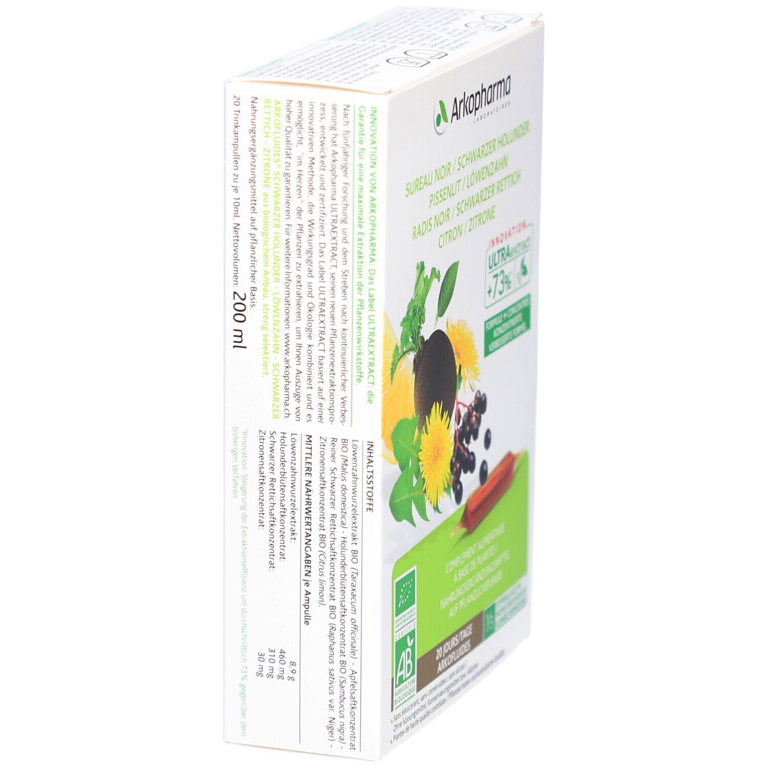 Produktverpackung mit Text und Illustrationen. Text: Arkopharma, Sureau Noir, Schwarzer Holunder, Pissenlit, Löwenzahn, Radis Noir, 200 ml.