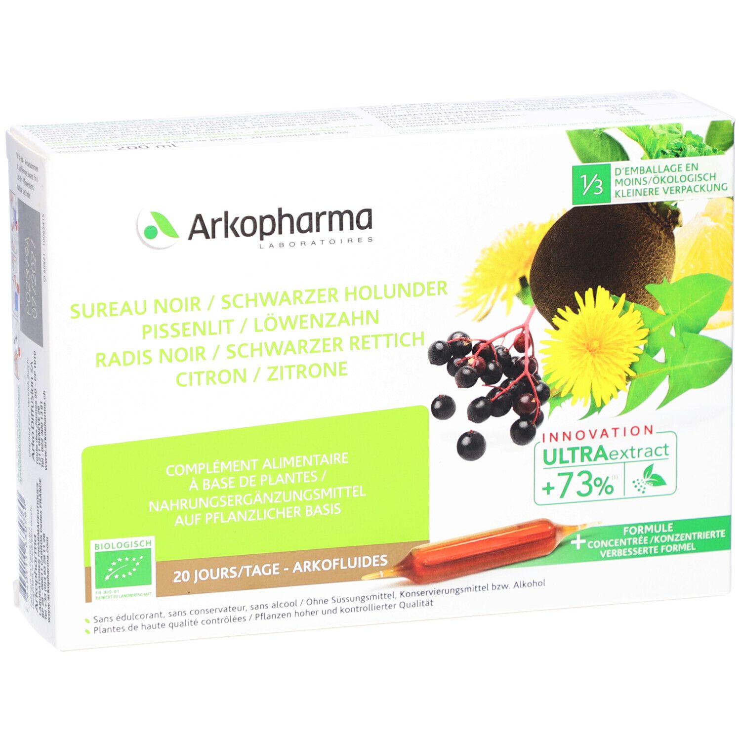 Produktverpackung mit Illustrationen von Früchten und Blüten. Text: Arkopharma, Sureau Noir, Schwarzer Holunder, Pissenlit, Löwenzahn, Radis Noir.