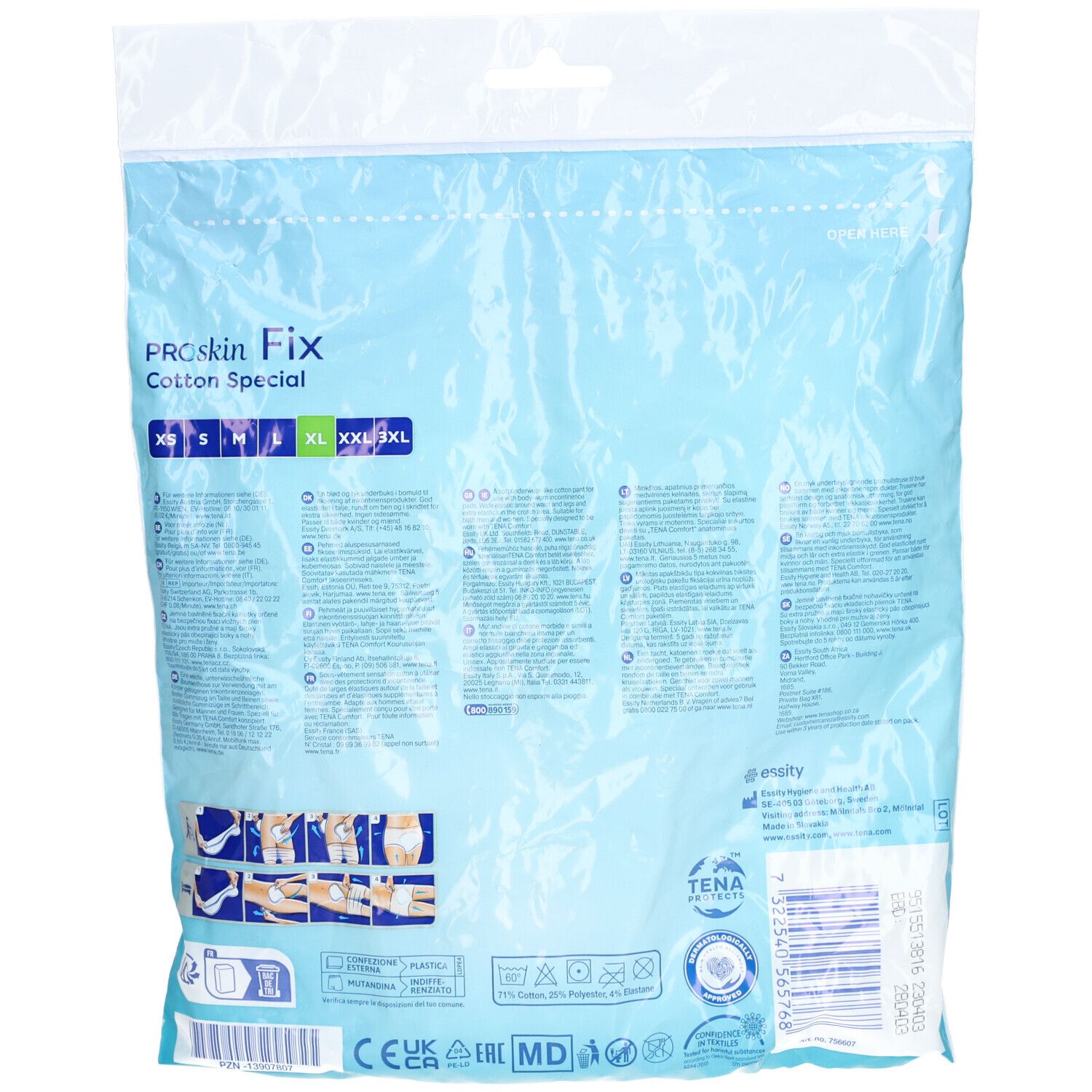 Dos de l'emballage. Texte: TENA ProSkin Fix Cotton Special. Indications de tailles. Exemples d'utilisation.