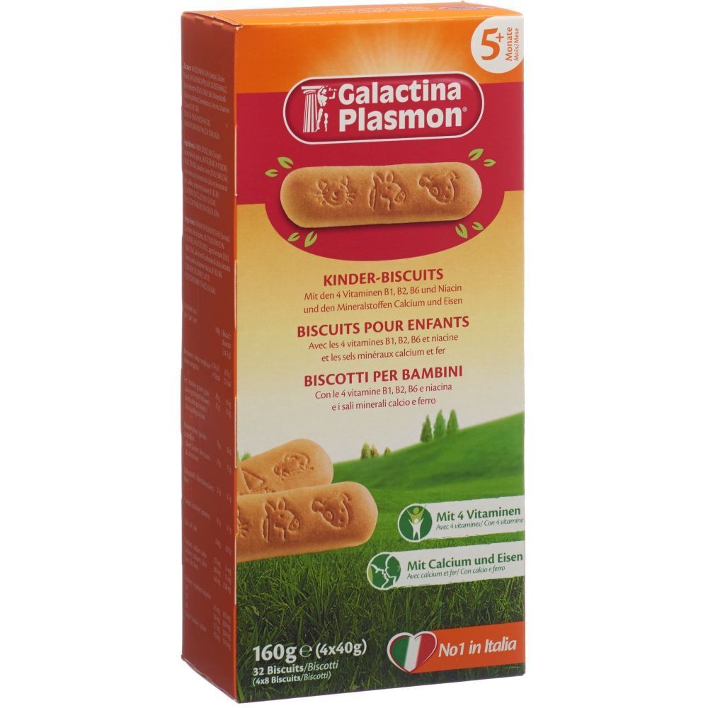 Verpackung von GALACTINA PLASMON® Keksen. Orange-roter Karton mit Keksen, Produktname und Text. Enthält 160g Kekse.