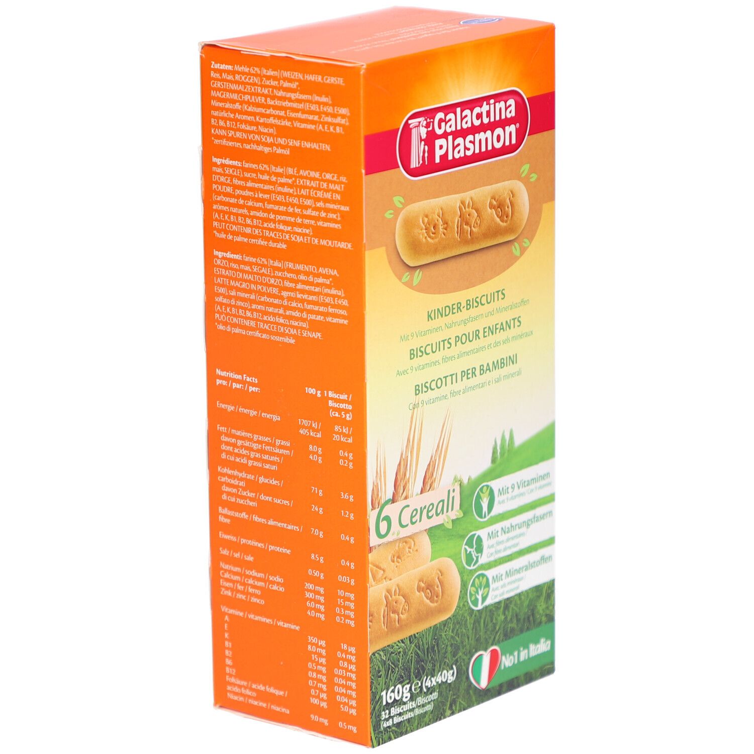 Boîte orange Galactina Plasmon Biscuits pour enfants. Informations nutritionnelles. Contient 6 céréales, 9 vitamines, fibres et minéraux.
