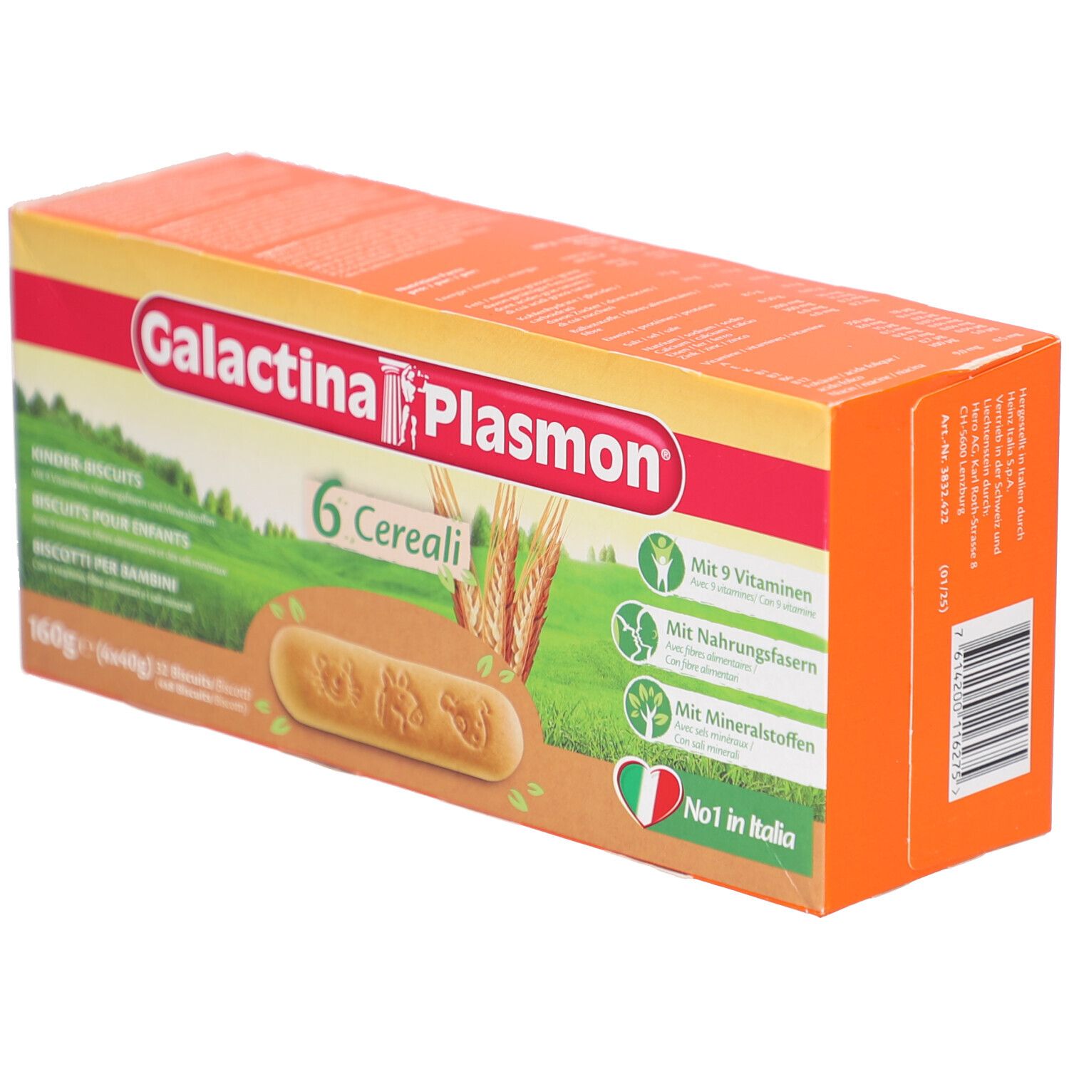Boîte orange Galactina Plasmon Biscuits pour enfants. Contient 6 céréales, 9 vitamines, fibres et minéraux. Produit italien.