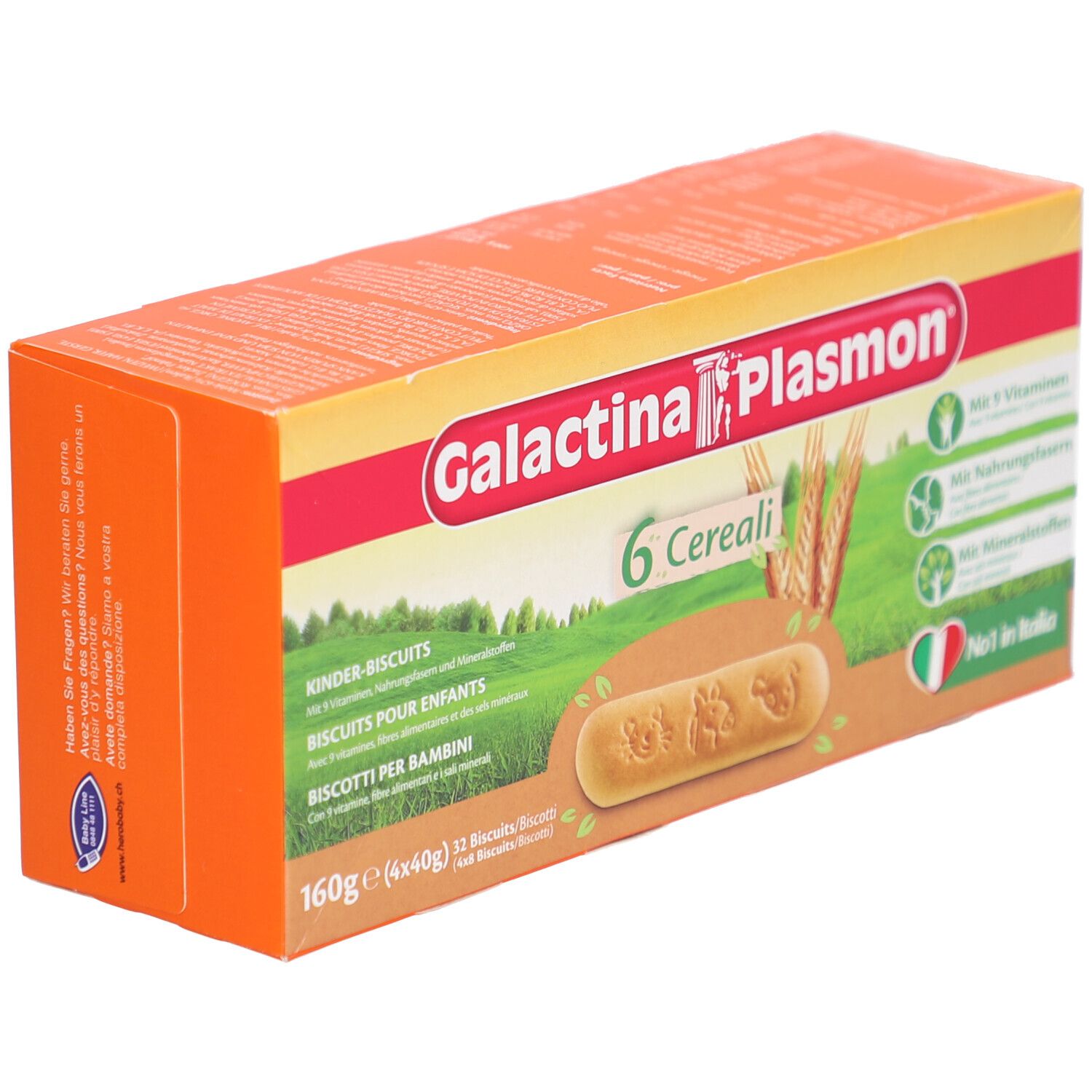 Boîte orange Galactina Plasmon Biscuits pour enfants. Contient 6 céréales, 9 vitamines, fibres et minéraux. Produit italien.