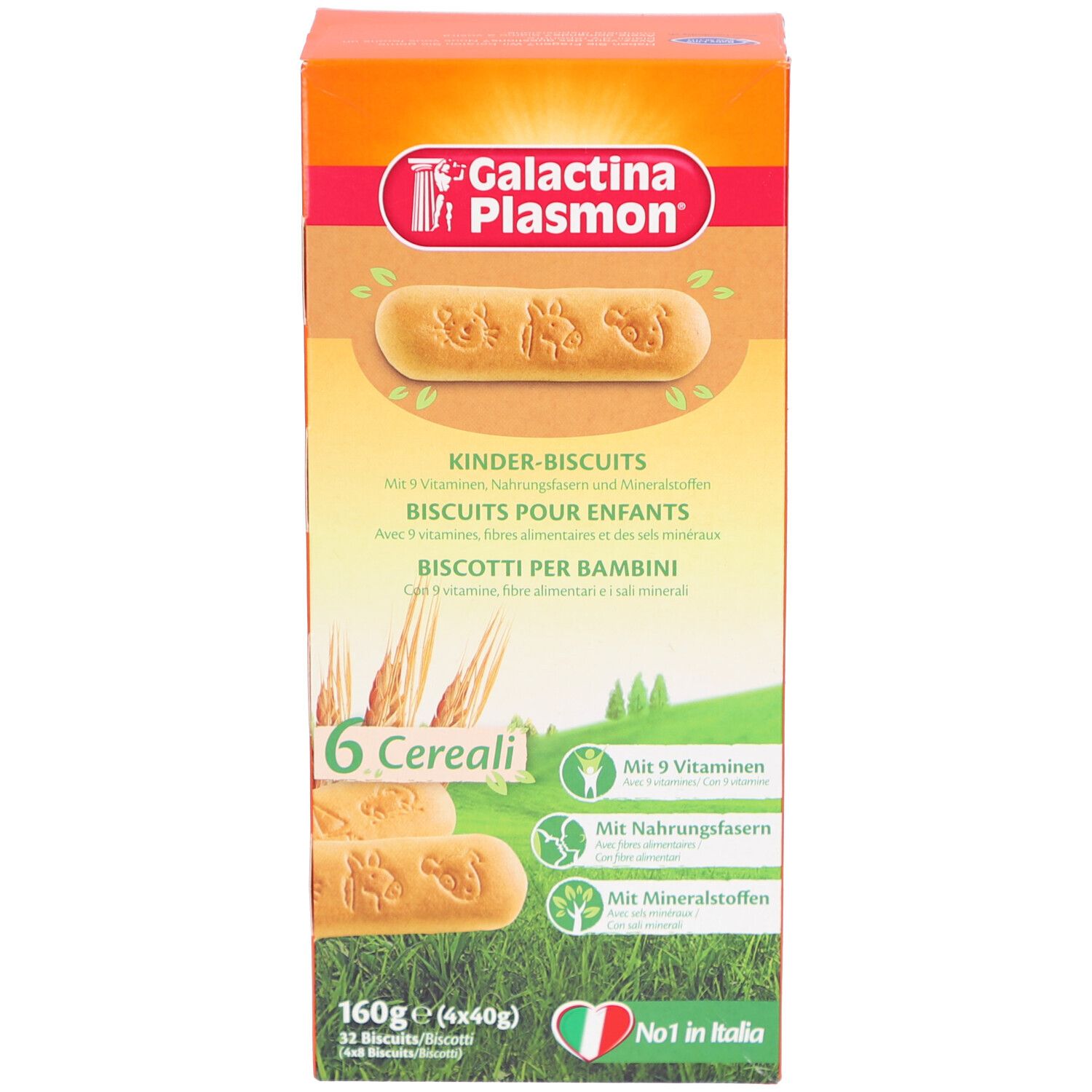 Boîte orange Galactina Plasmon Biscuits pour enfants. Contient 6 céréales, 9 vitamines, fibres et minéraux. Produit italien.