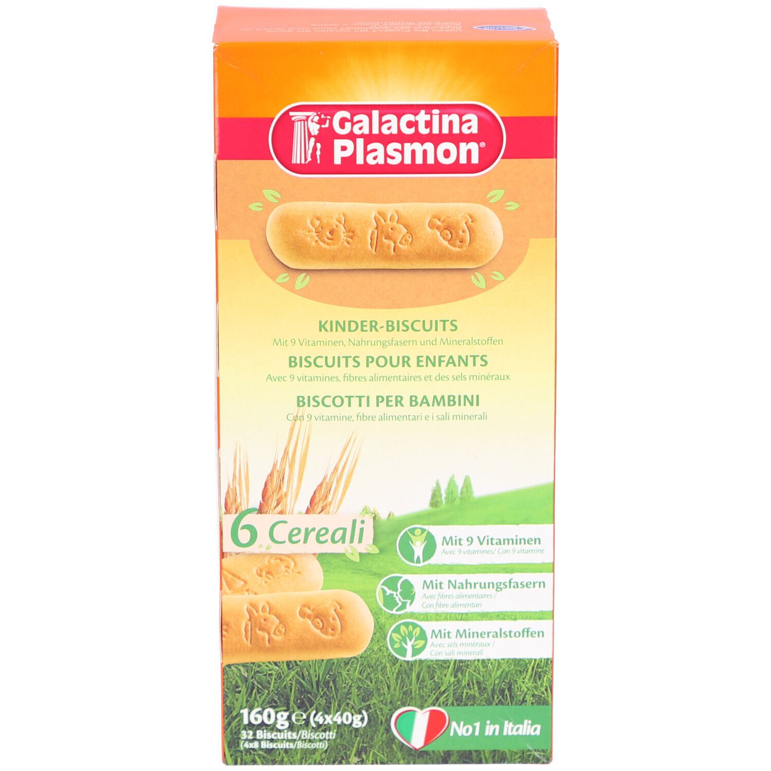 Boîte orange Galactina Plasmon Biscuits pour enfants. Contient 6 céréales, 9 vitamines, fibres et minéraux. Produit italien.