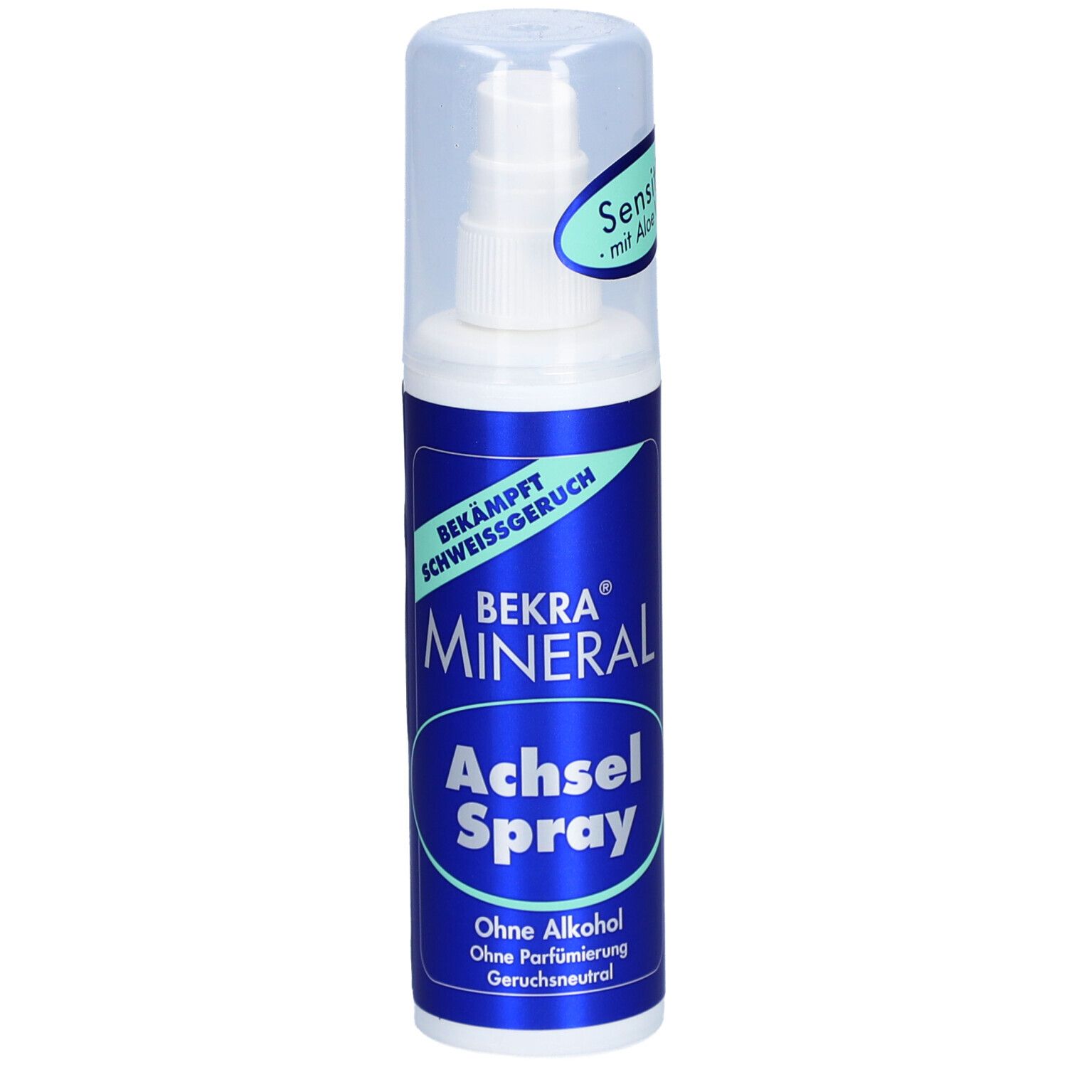 Deo-Spray mit Sprühkopf und Kappe. Blaue Flasche mit weißer Schrift: BEKRA MINERAL Achsel Spray. Bekämpft Schweißgeruch.