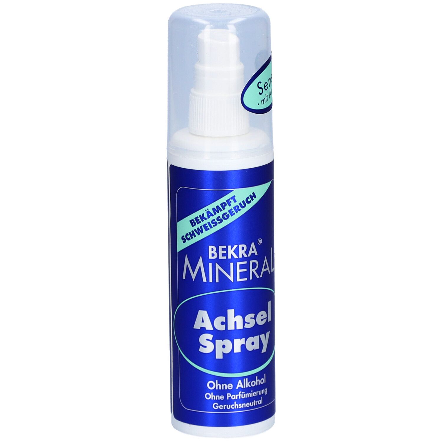 Deo-Spray mit Sprühkopf und Kappe. Blaue Flasche mit weißer Schrift: BEKRA MINERAL Achsel Spray. Bekämpft Schweißgeruch.