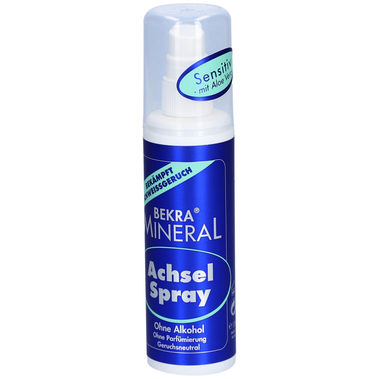 Deo-Spray mit Sprühkopf und Kappe. Blaue Flasche mit weißer Schrift: BEKRA MINERAL Achsel Spray. Sensitiv mit Aloe Vera.