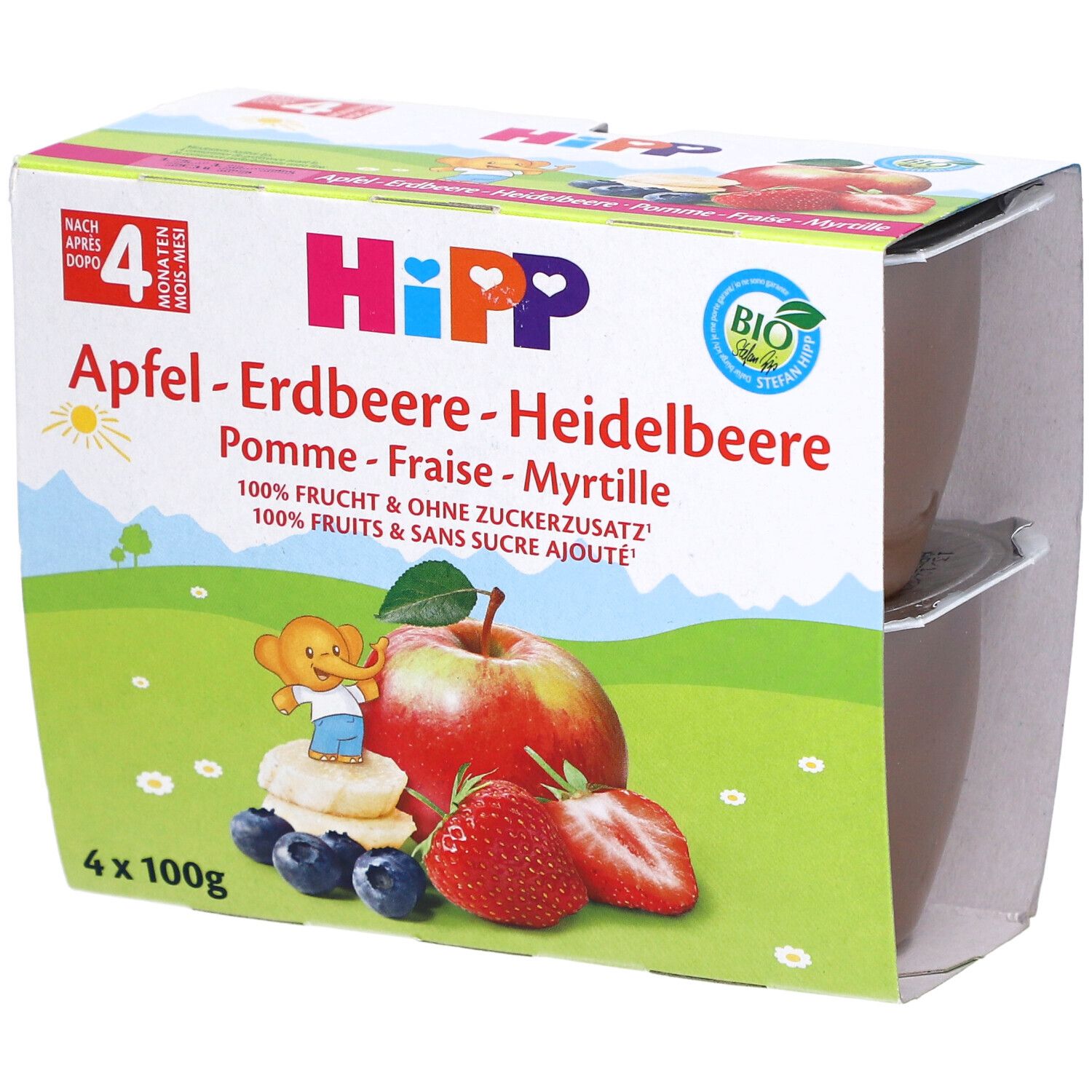 Emballage de quatre pots HIPP Fruchtpause Pomme-Fraise-Myrtille. Illustration de fruits et logo Hipp.