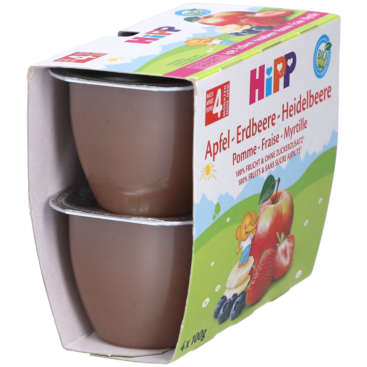 Emballage avec deux pots HIPP Fruchtpause visibles. Nom du produit et illustration de fruits sur l'emballage.