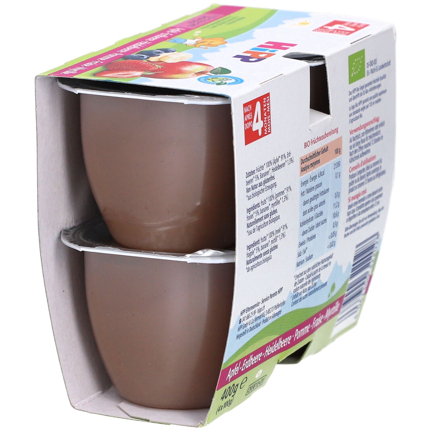 Emballage avec deux pots HIPP Fruchtpause visibles. Nom du produit et informations nutritionnelles sur l'emballage.