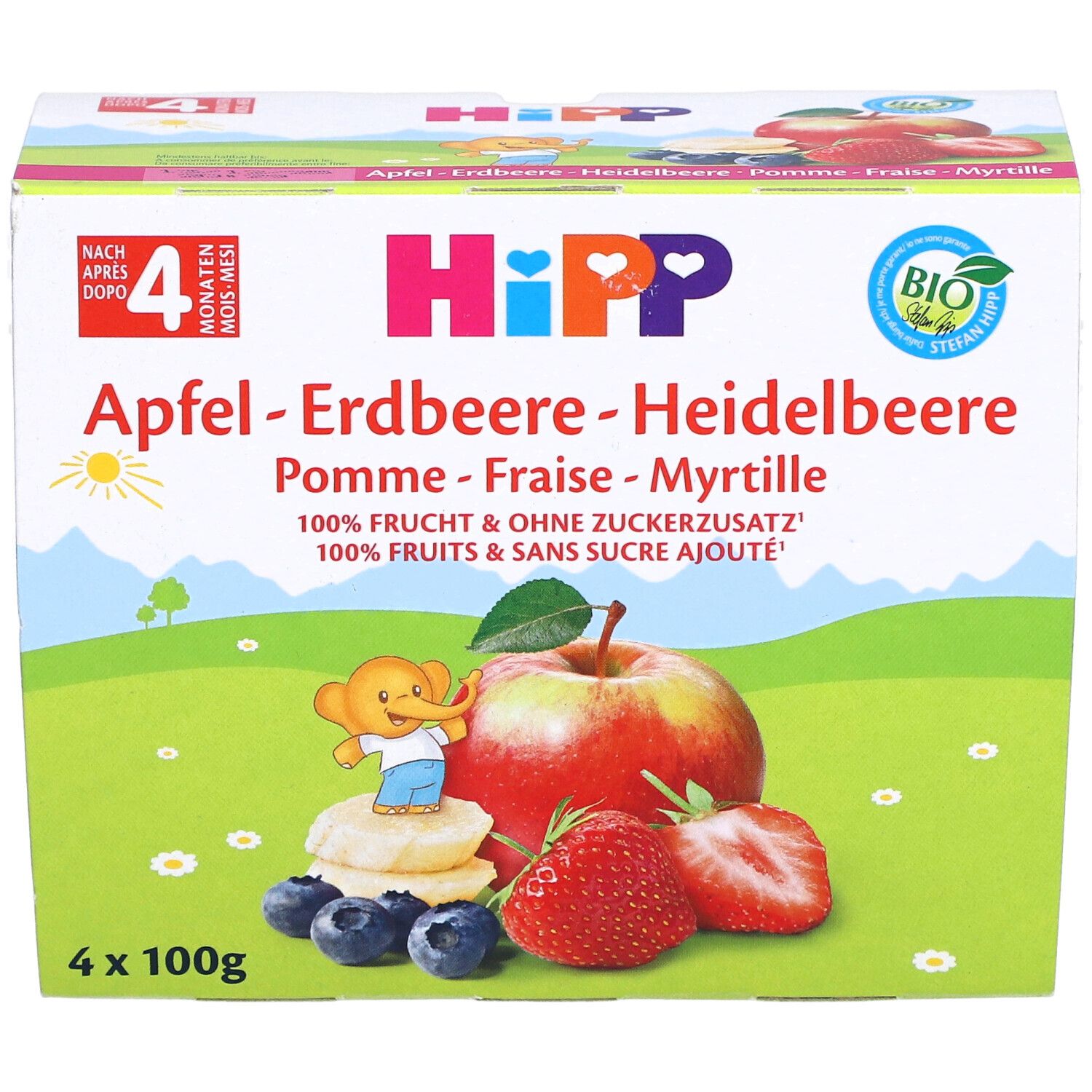 Emballage de quatre pots HIPP Fruchtpause Pomme-Fraise-Myrtille. Illustration de fruits et logo Hipp.