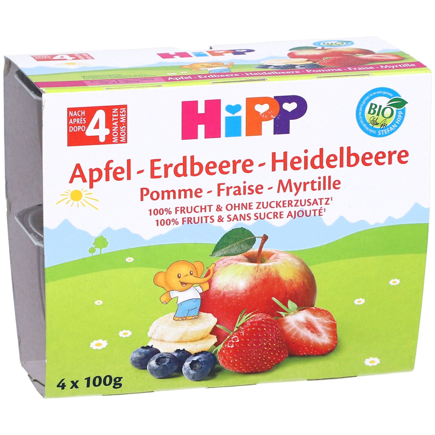 Emballage de quatre pots HIPP Fruchtpause. Nom du produit et illustration de fruits sur l'emballage.