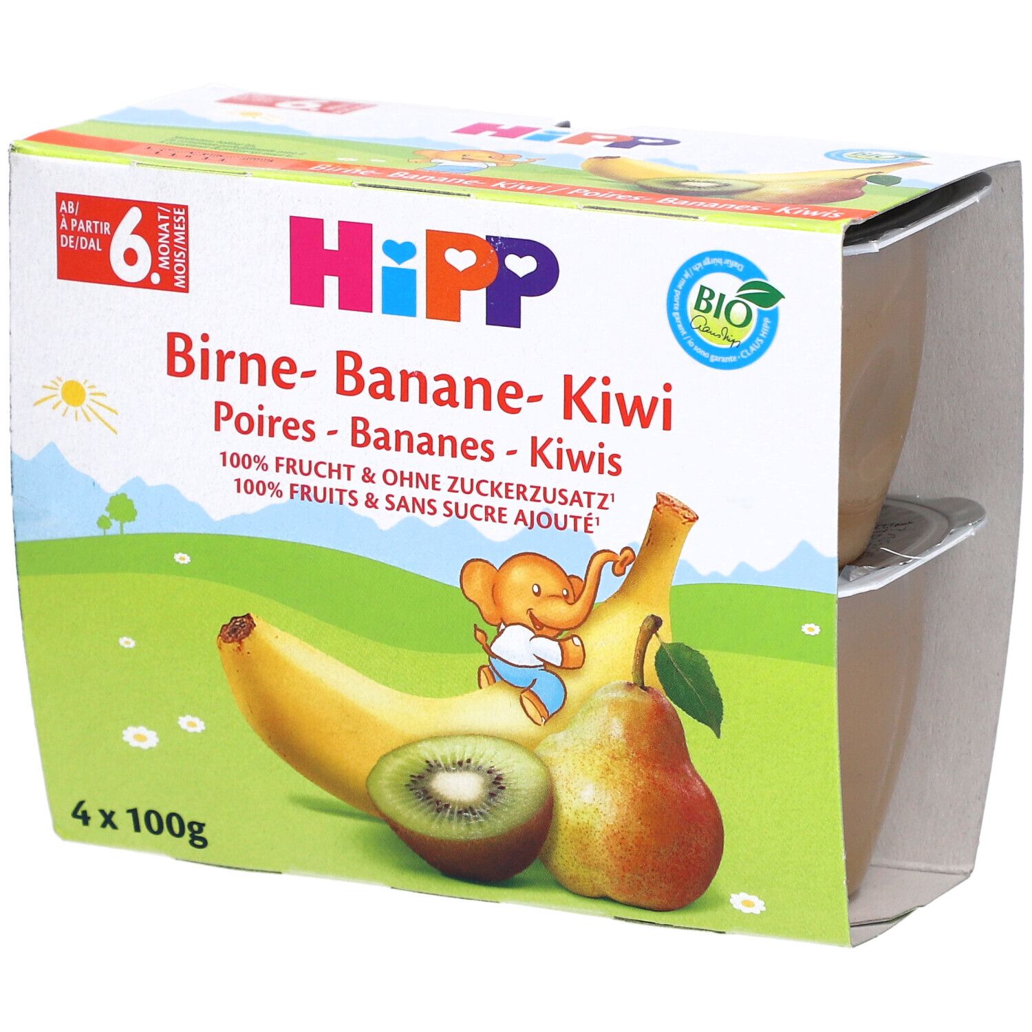 Emballage de quatre pots HIPP Poires-Bananes-Kiwis dès 6 mois. Illustration de fruits.