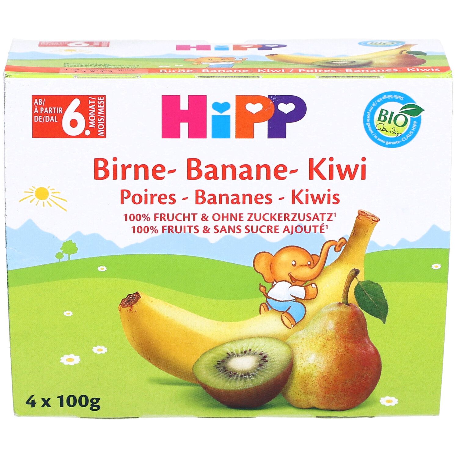 Vue de face de l'emballage HIPP Poires-Bananes-Kiwis dès 6 mois. Illustration et logo.