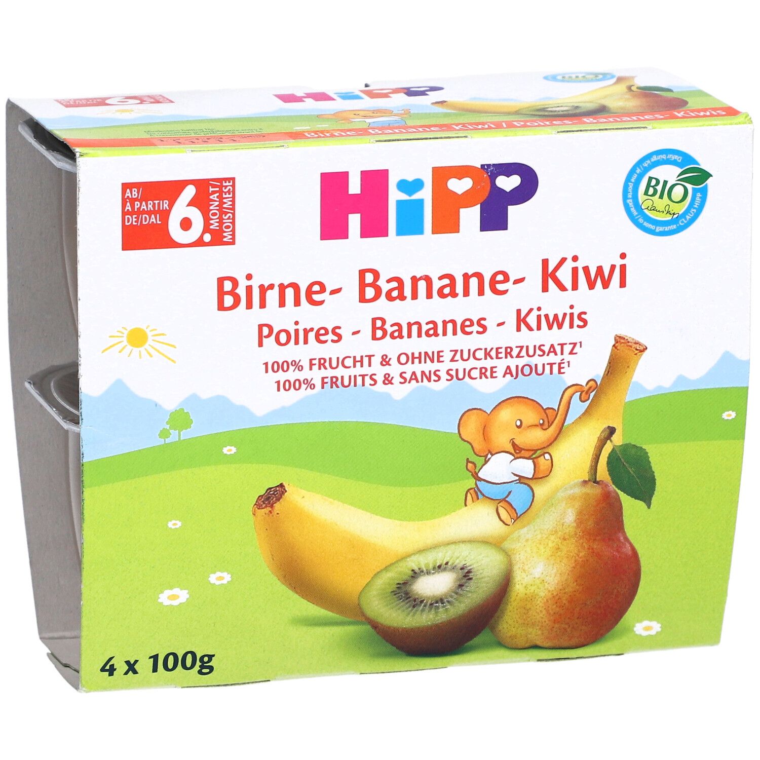Emballage HIPP Poires-Bananes-Kiwis dès 6 mois. Illustration et logo, partiellement ouvert.