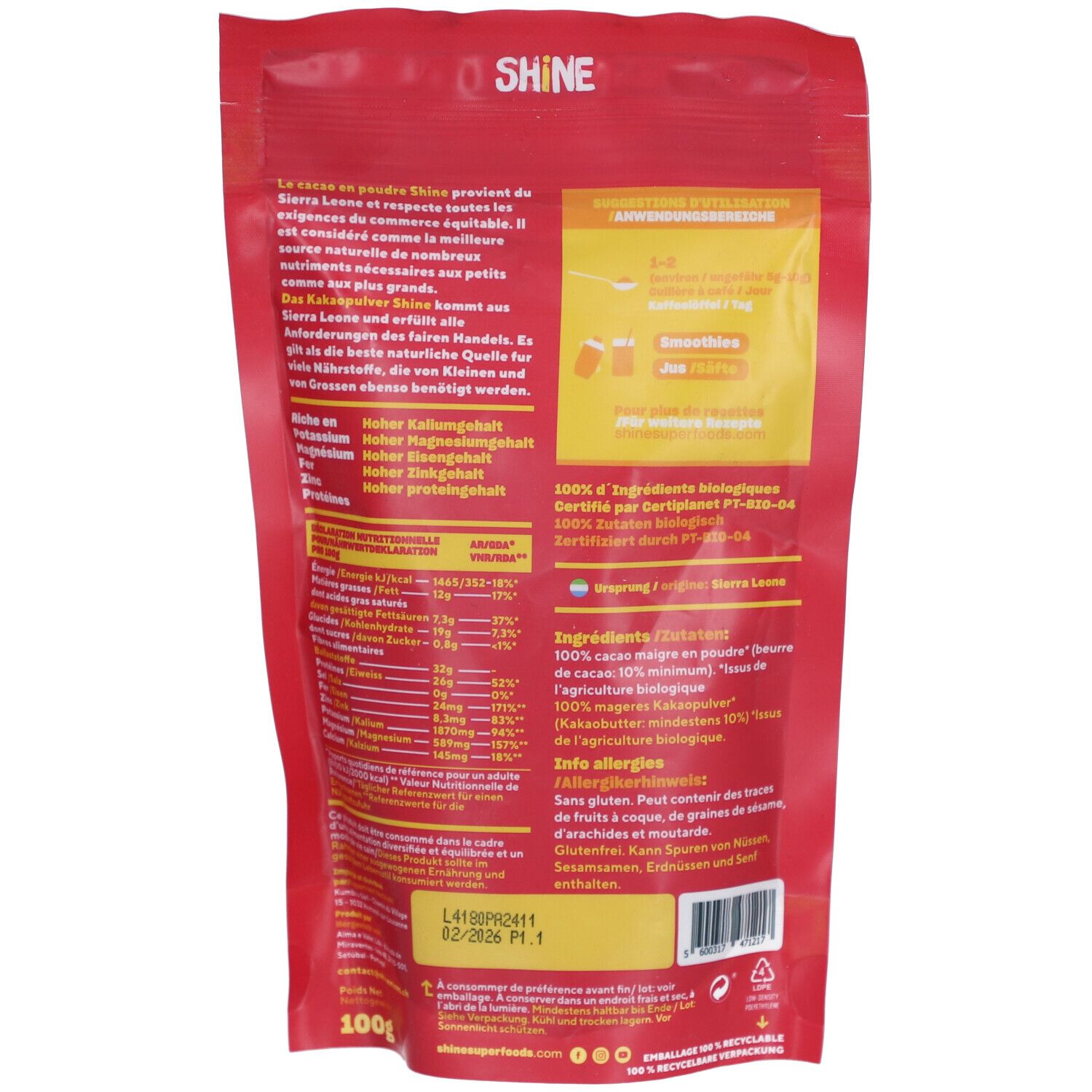 SHINE Rohes Kakaopulver BIO