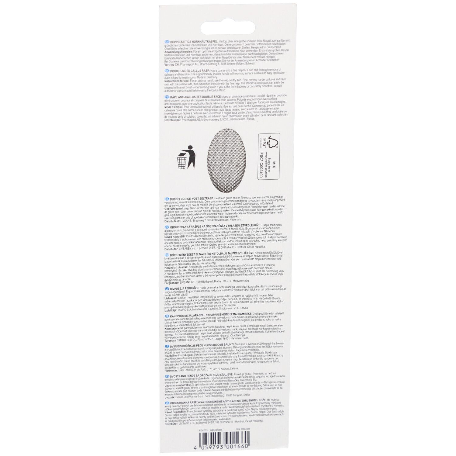 Dos de l'emballage. Texte multilingue. Illustration de la surface de la râpe. Symboles de recyclage.