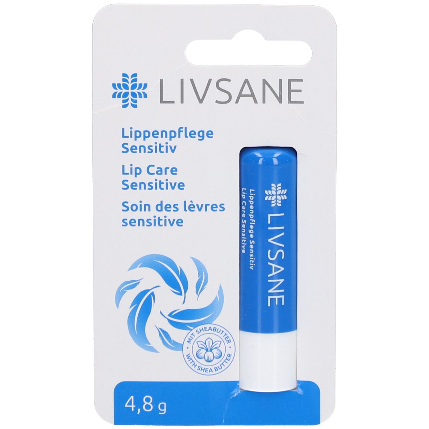 LIVSANE Lippenpflege Sensitive in Blisterverpackung. Blaue Lippenpflege mit weißem Drehverschluss. Produktname und Logo sichtbar.