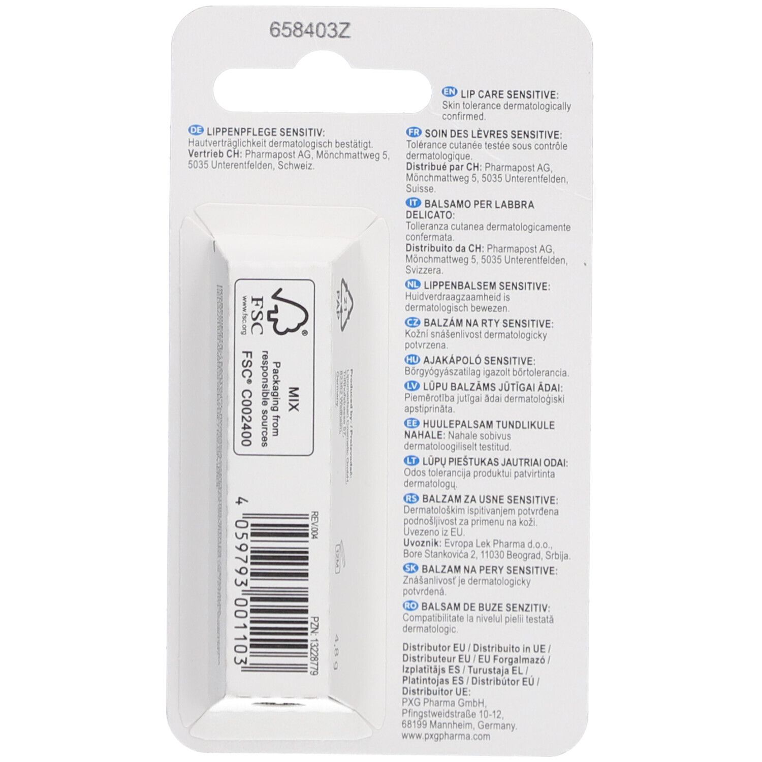 Rückseite der LIVSANE Lippenpflege Sensitive Verpackung. Text in mehreren Sprachen. FSC-Siegel und Barcode.