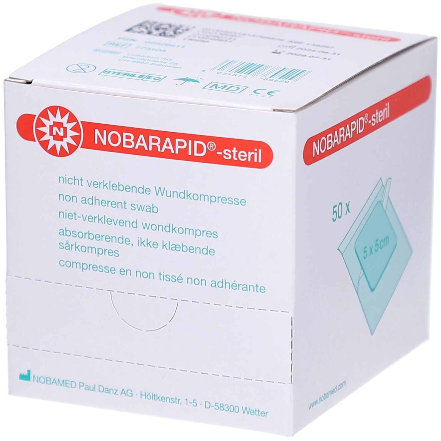 Emballage de compresses NOBARAPID-steril. Nom du produit, texte multilingue, 50 pièces, compresse 5x5cm.