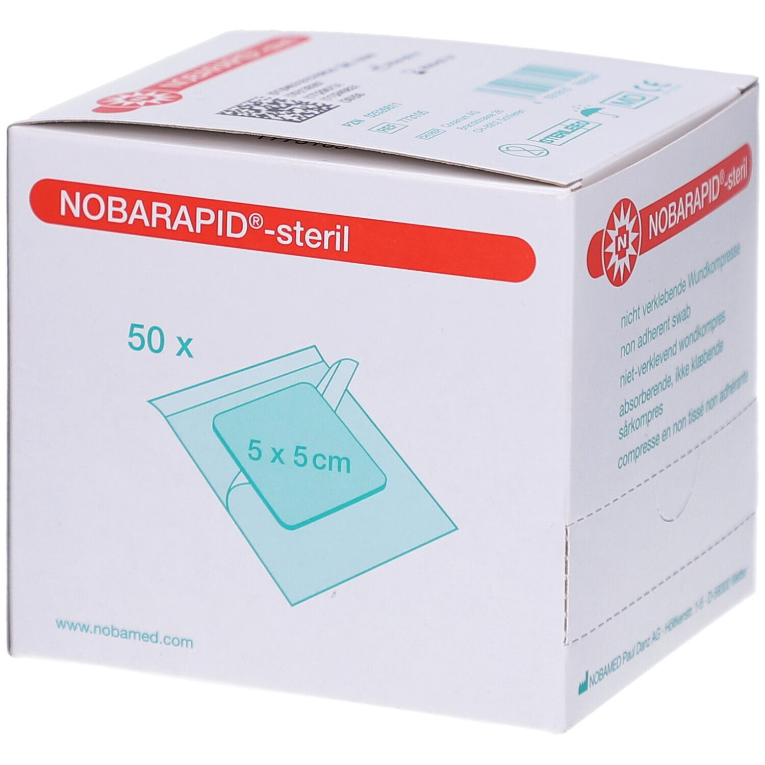 Boîte de compresses NOBARAPID-steril. 50 compresses de 5x5cm. Logo et informations produit sur l'emballage.