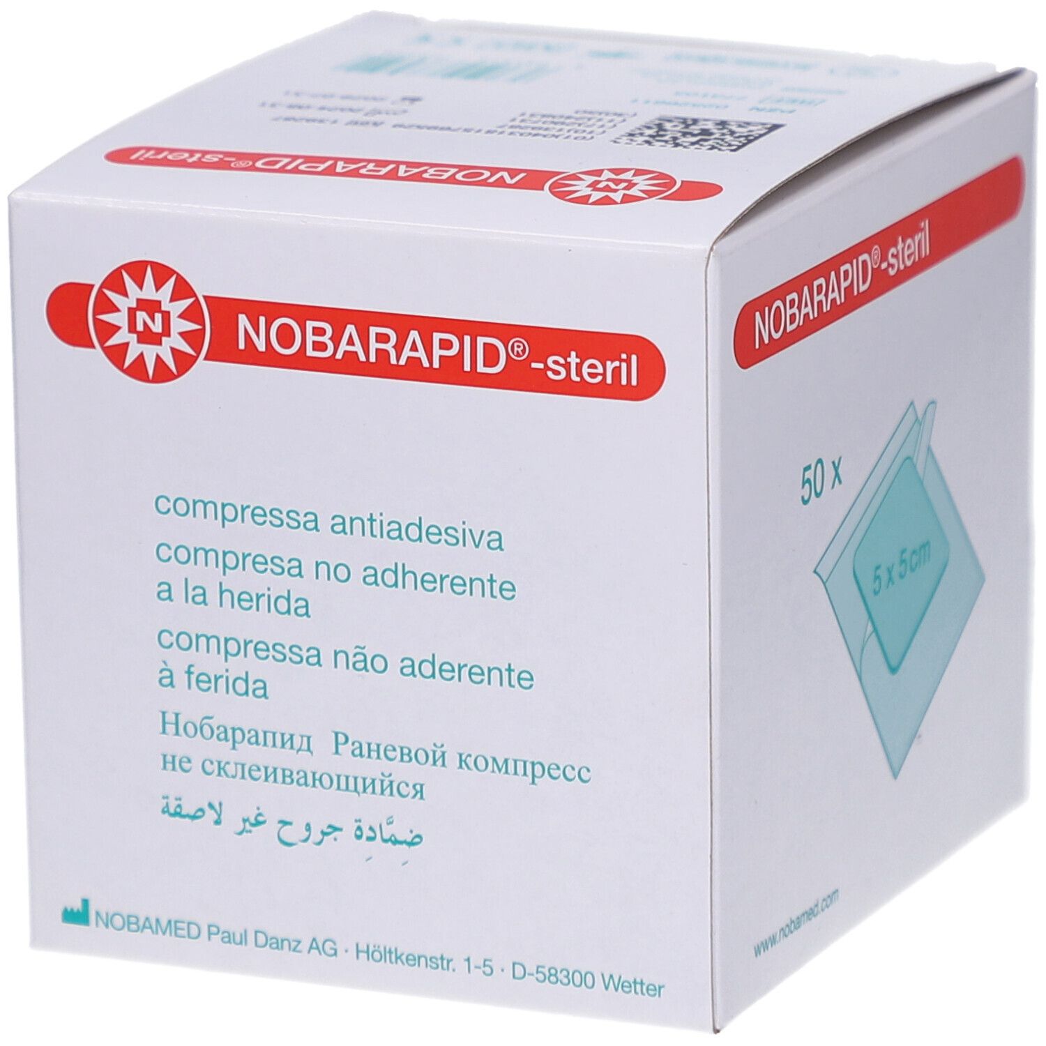 Emballage de compresses NOBARAPID-steril. Texte multilingue, 50 pièces, compresse 5x5cm.