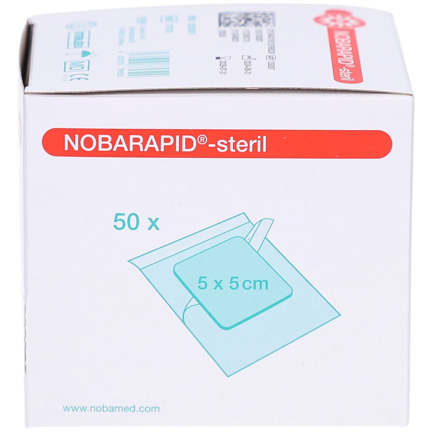 Boîte de compresses NOBARAPID-steril. 50 pièces, compresse 5x5cm. Logo et informations sur l'emballage.