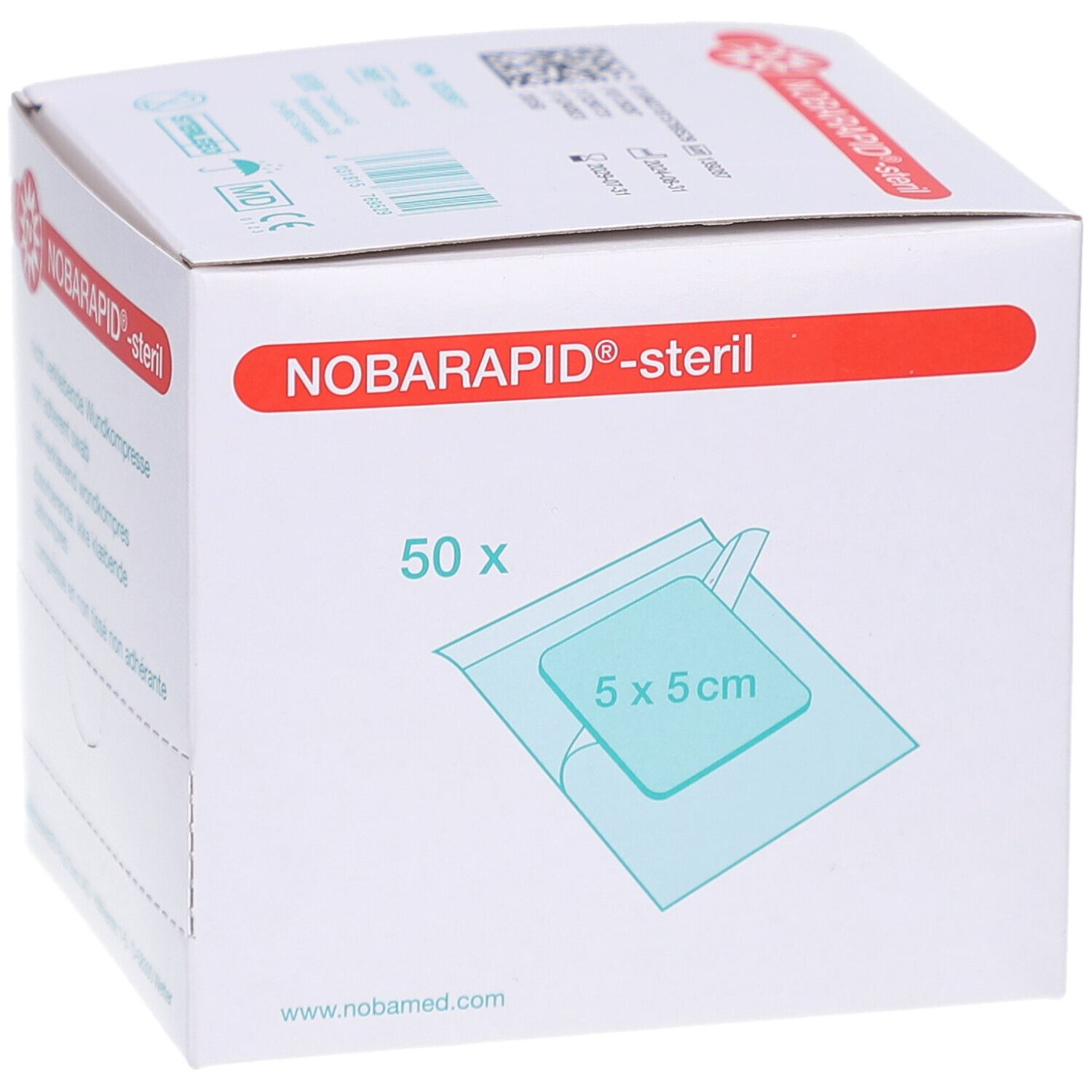 Boîte de compresses NOBARAPID-steril. 50 pièces, compresse 5x5cm. Logo et informations sur l'emballage.