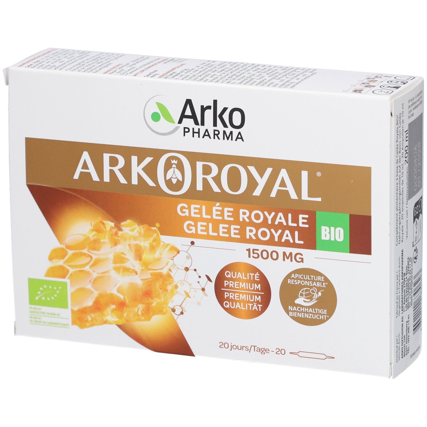 Verpackung von Arkoroyal Gelée Royale. Enthält 1500 mg. Bio-Siegel und weitere Auszeichnungen sind sichtbar.