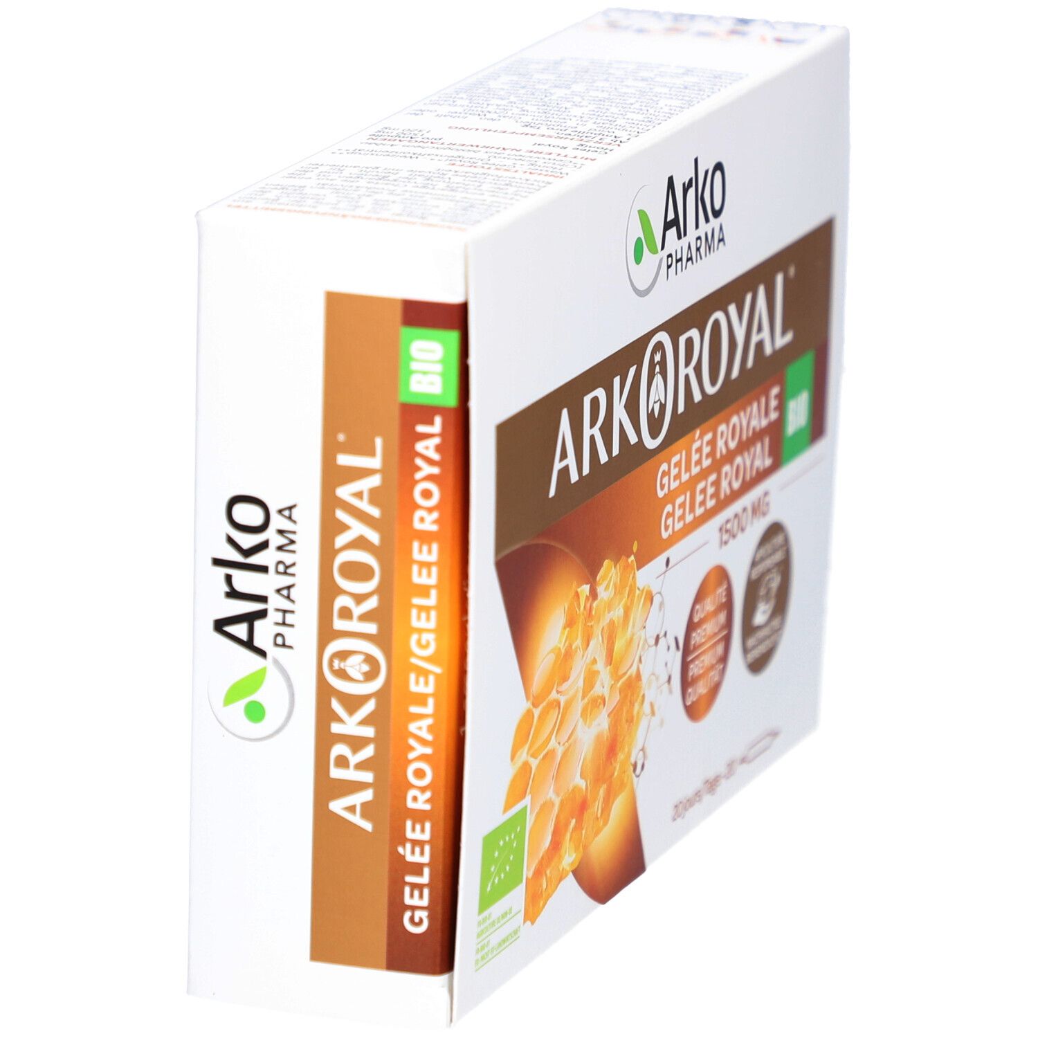 Arkoroyal Gelée Royale Verpackung, seitliche Ansicht. Enthält 1500 mg. Bio-Siegel und Markenlogo sichtbar.