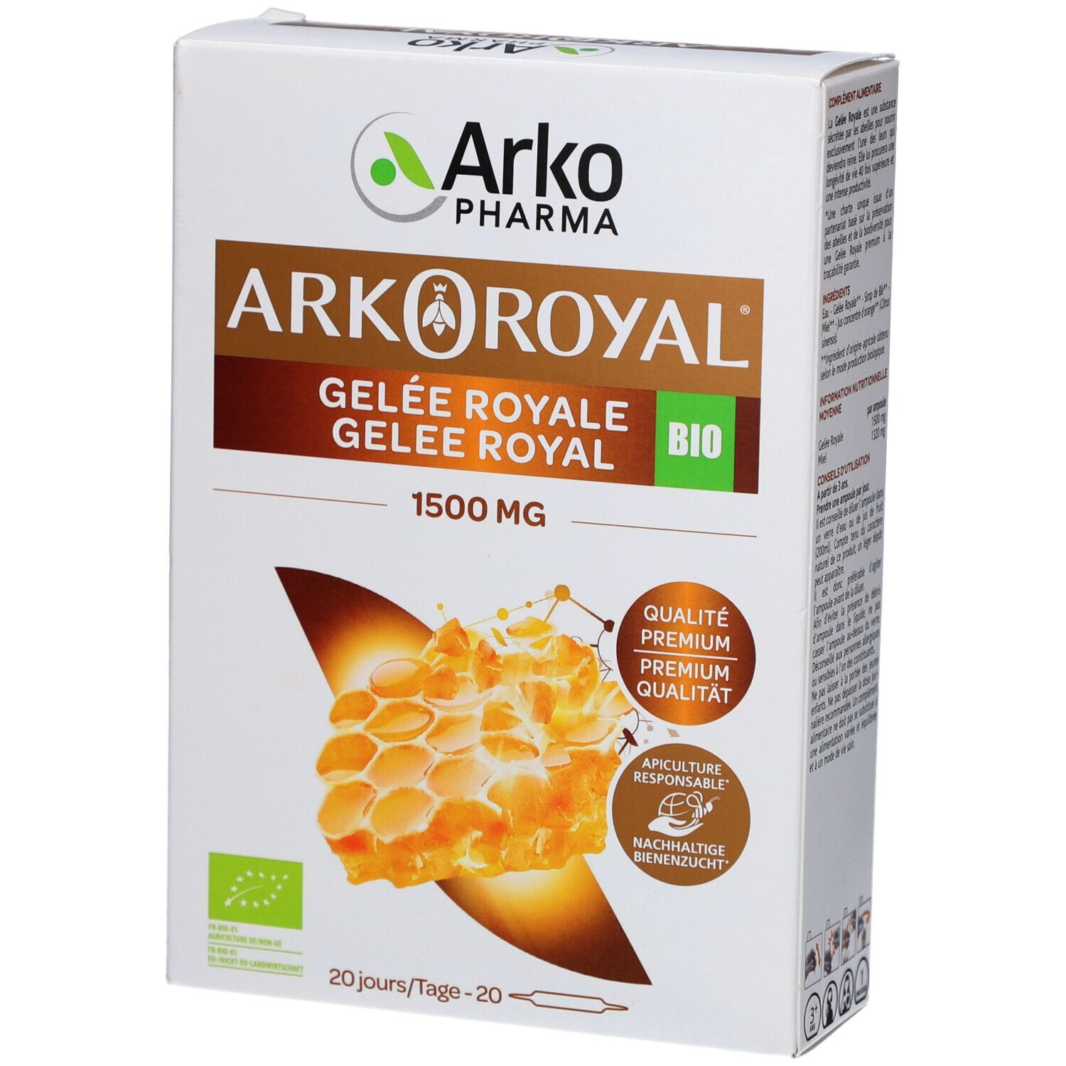 Arkoroyal Gelée Royale Verpackung. Enthält 1500 mg. Bio-Siegel und weitere Auszeichnungen sind sichtbar.