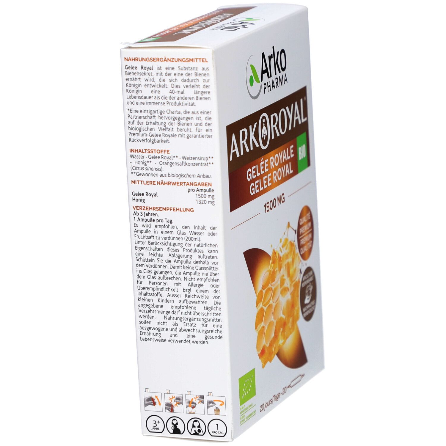 Arkoroyal Gelée Royale Verpackung, schräg. Enthält 1500 mg. Text und Logos sind sichtbar.