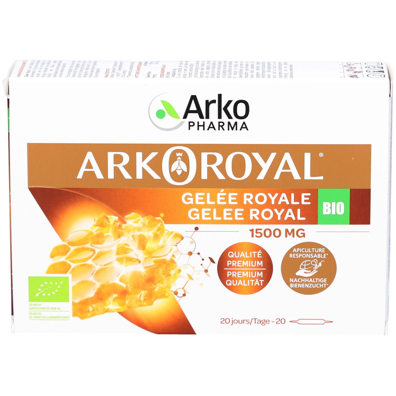 Arkoroyal Gelée Royale Verpackung. Enthält 1500 mg. Bio-Siegel und weitere Auszeichnungen sind sichtbar.