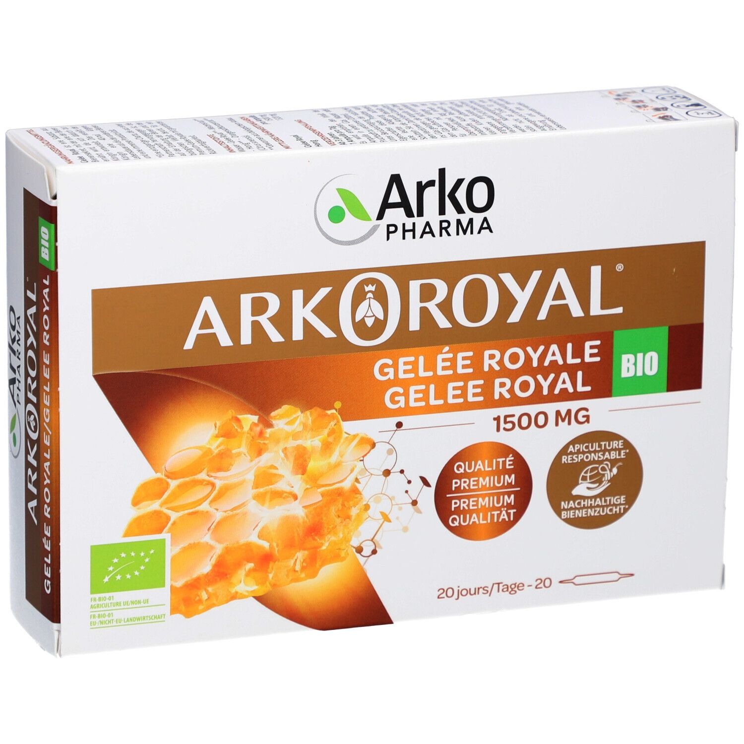 Arkoroyal Gelée Royale Verpackung. Enthält 1500 mg. Bio-Siegel und weitere Auszeichnungen sind sichtbar.