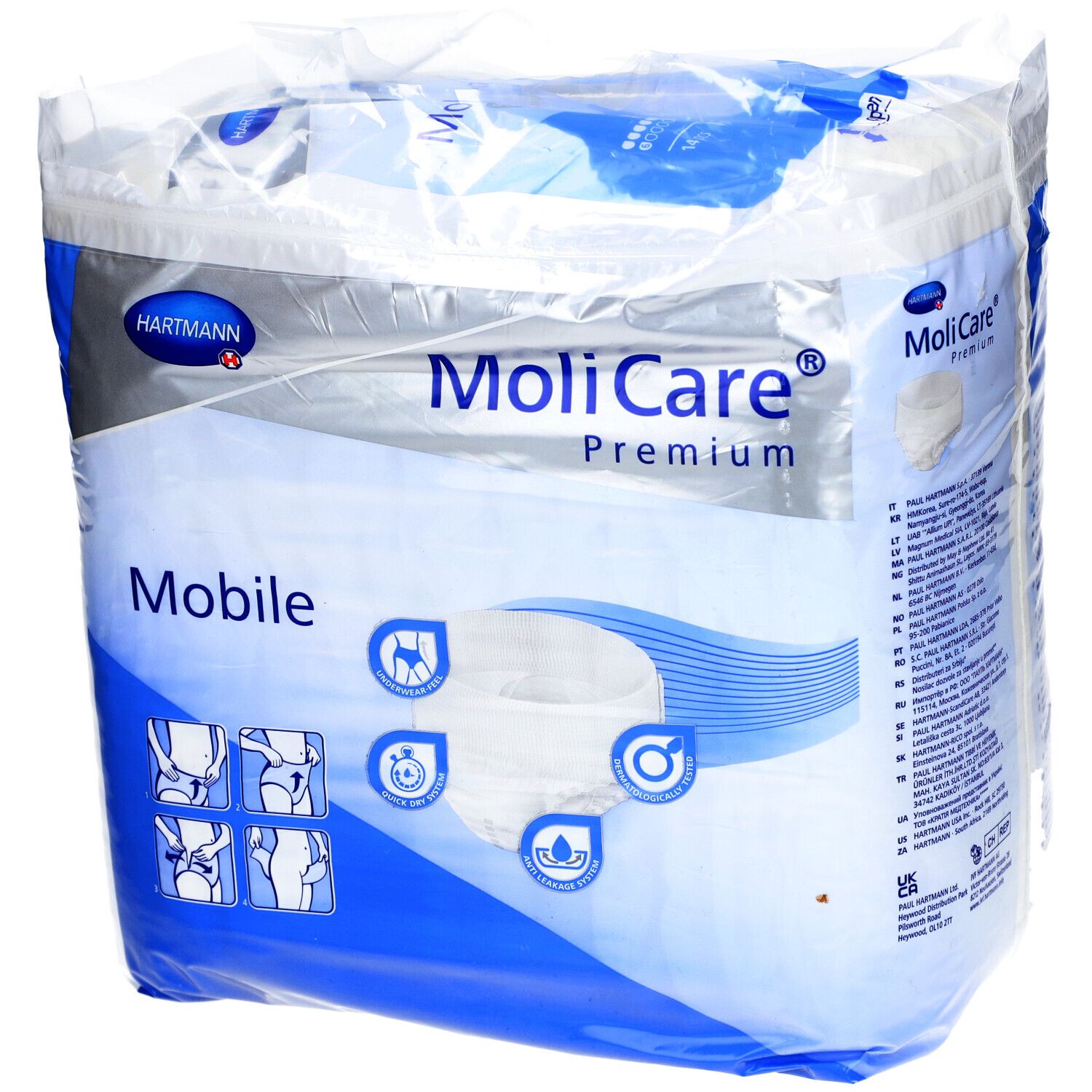 MoliCare Premium Mobile 6 Tropfen Gr. M ist eine Einweghose, bei der Einlage und Höschen in einem Produkt vereint sind