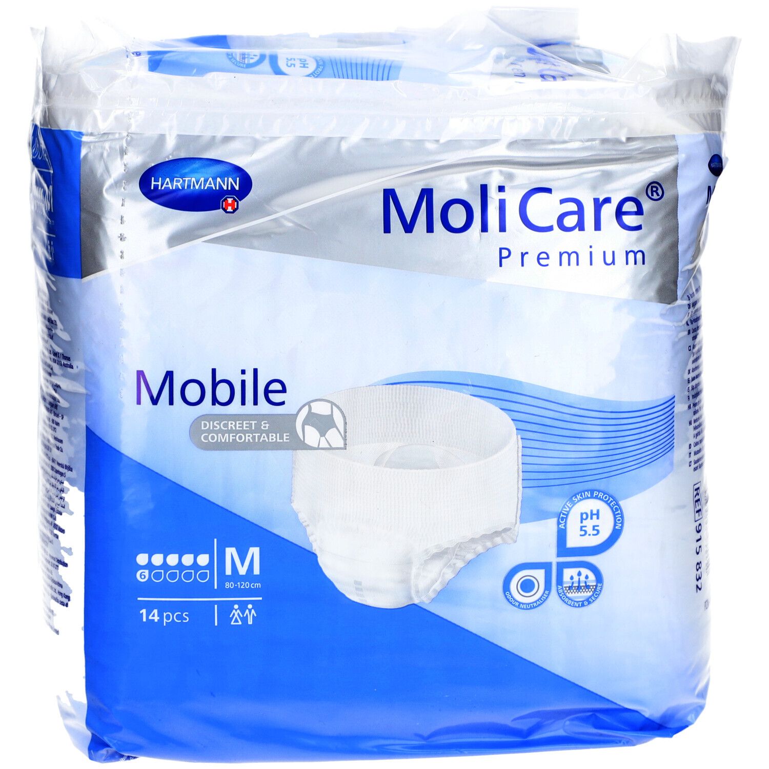 MoliCare Premium Mobile 6 Tropfen Gr. M ist eine Einweghose, bei der Einlage und Höschen in einem Produkt vereint sind