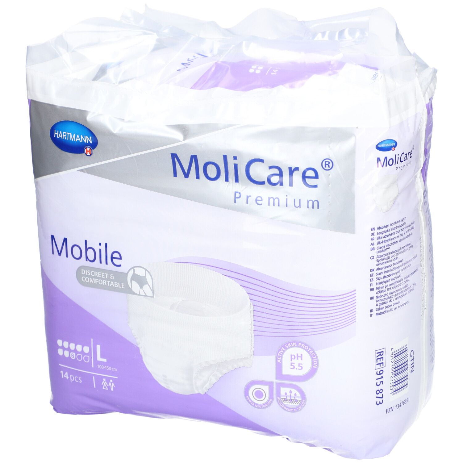 MoliCare Premium Mobile 8 Tropfen Gr. L ist eine Einweghose, bei der Einlage und Höschen in einem Produkt vereint sind