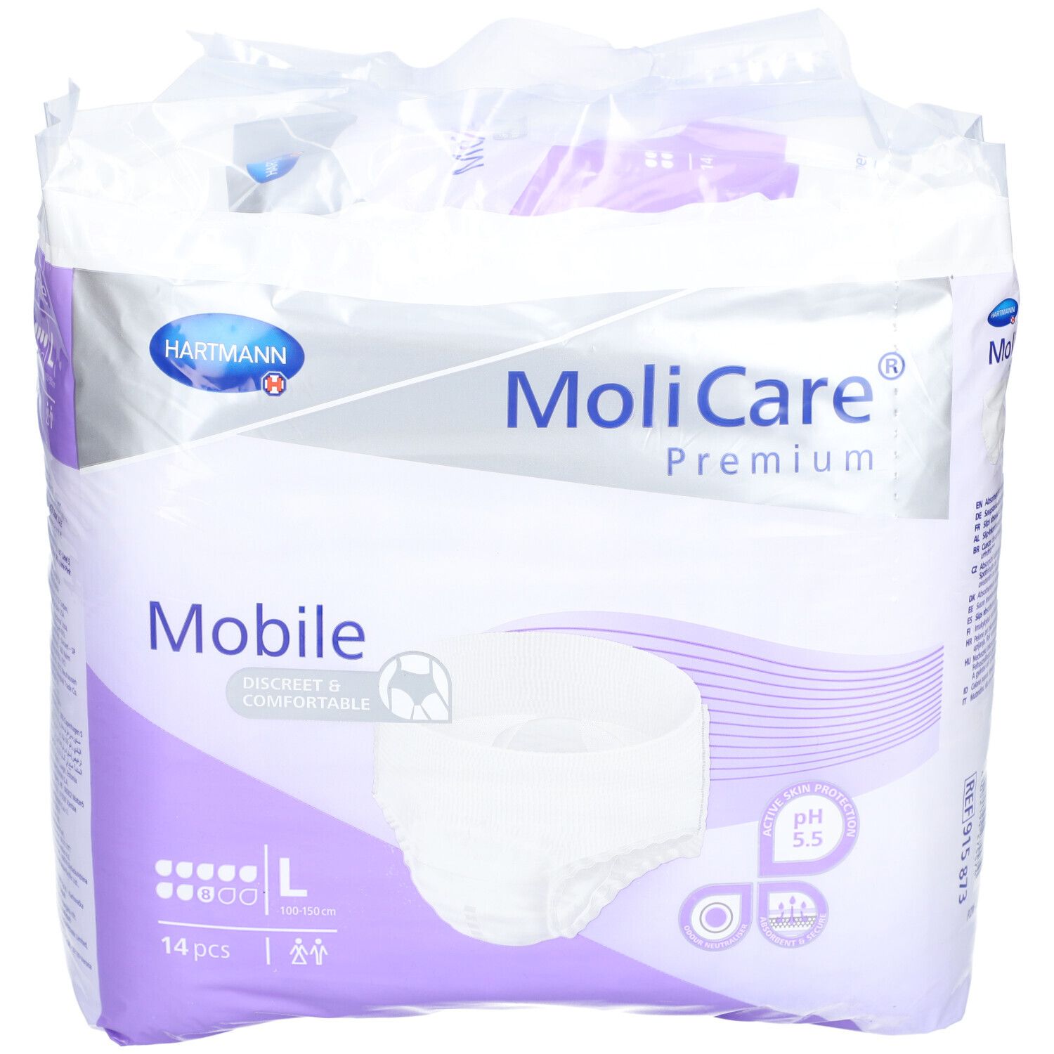 MoliCare Premium Mobile 8 Tropfen Gr. L ist eine Einweghose, bei der Einlage und Höschen in einem Produkt vereint sind