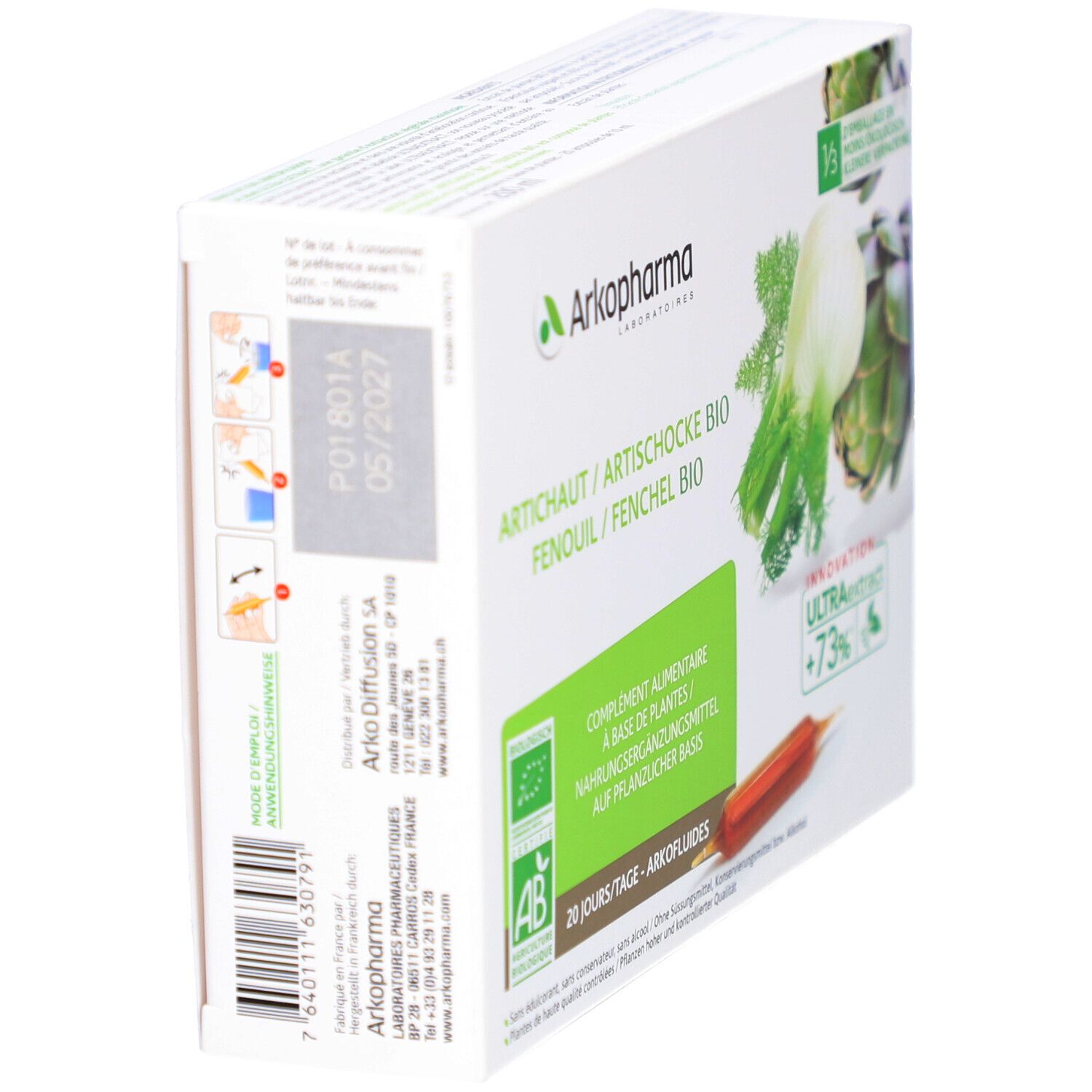 Boîte vue de côté. Logo, nom du produit et date de péremption. Code-barres et pictogrammes.