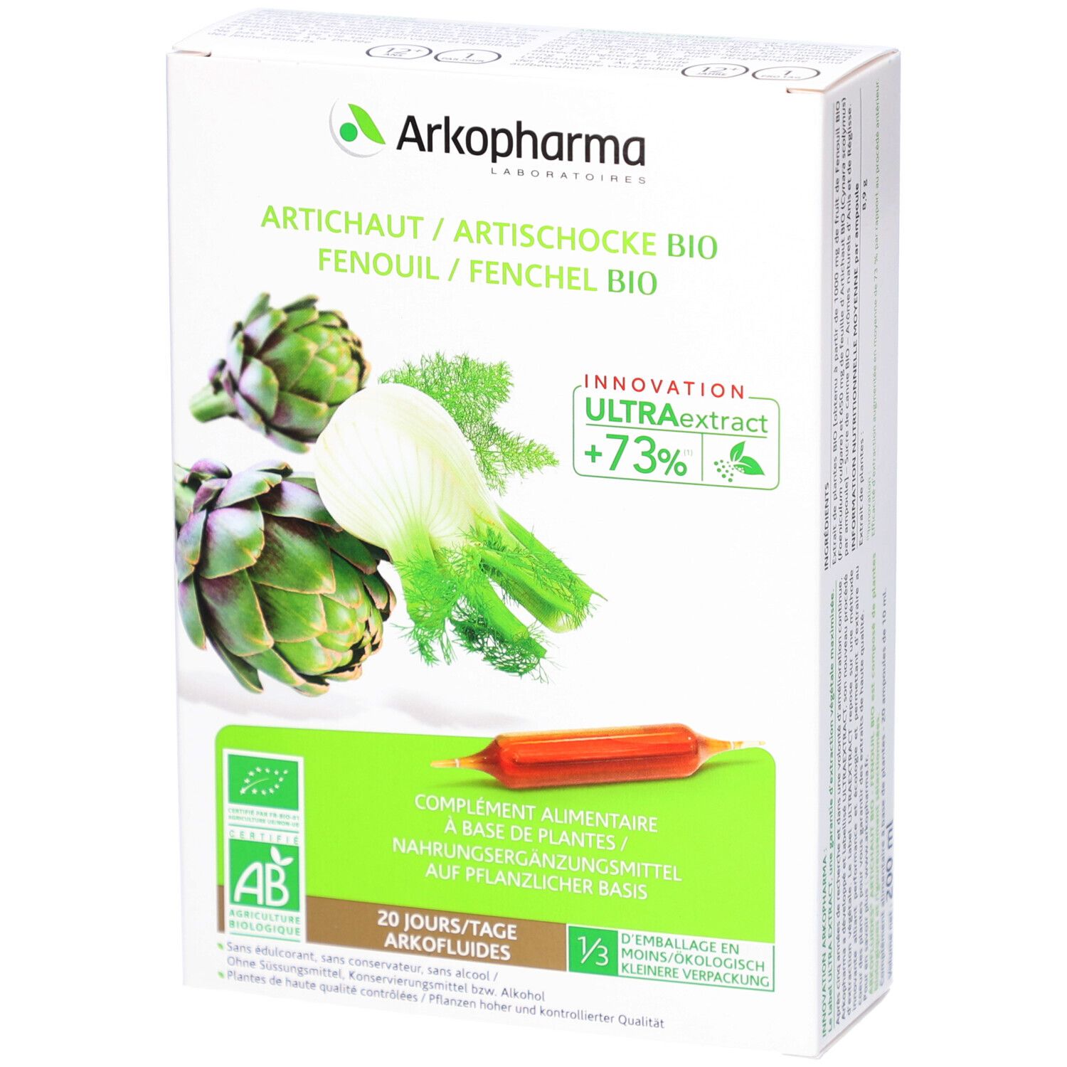 Boîte avec illustration d'artichauts et fenouil. Logo et nom du produit. Ampoule visible.