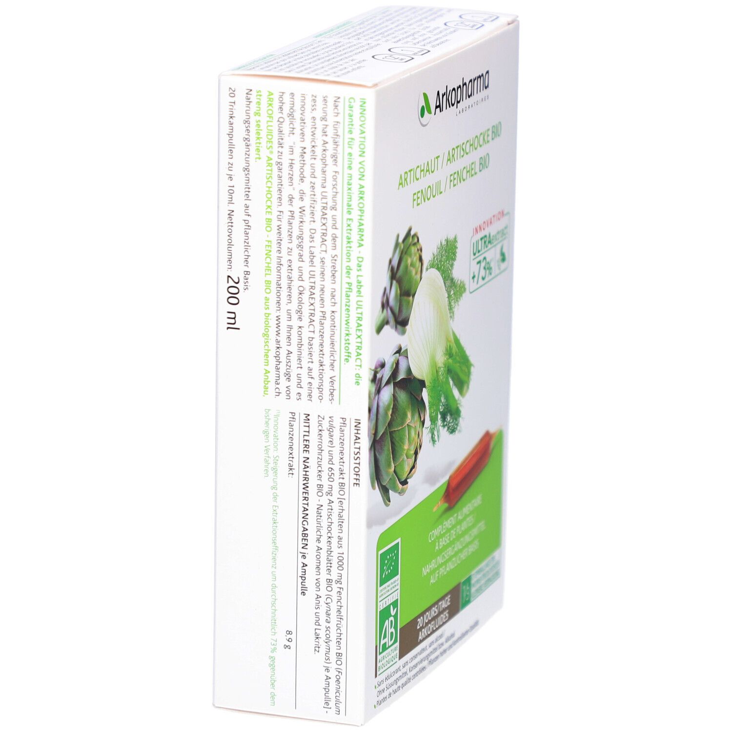 Emballage du produit, vue latérale. Logo, nom du produit, ingrédients et informations nutritionnelles. Ampoule visible.