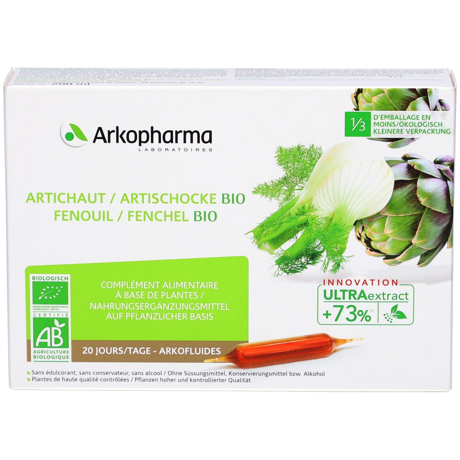 Boîte avec logo, nom du produit et illustration d'artichaut et fenouil. Ampoule visible. Label AB.