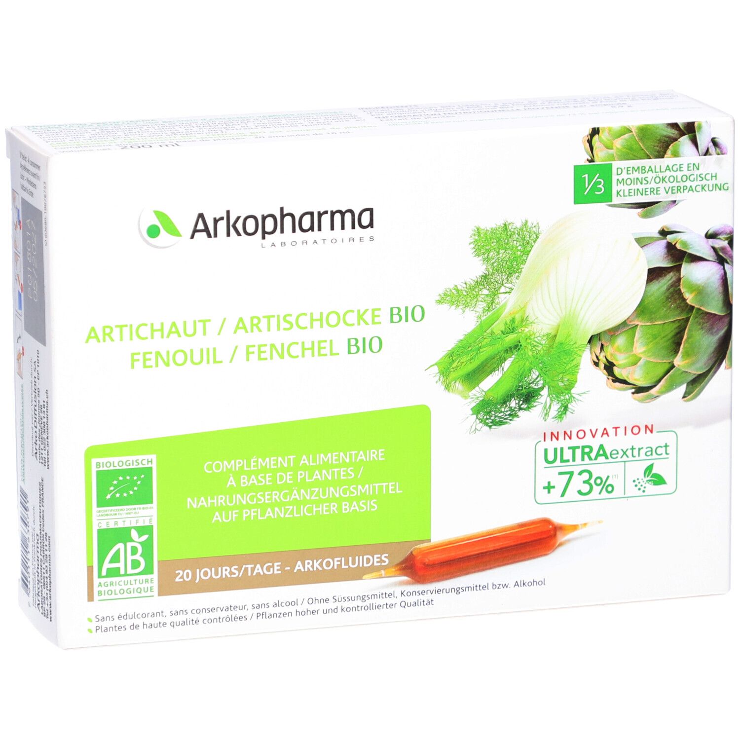 Boîte avec logo, nom du produit et illustration d'artichaut et fenouil. Ampoule visible. Label AB.