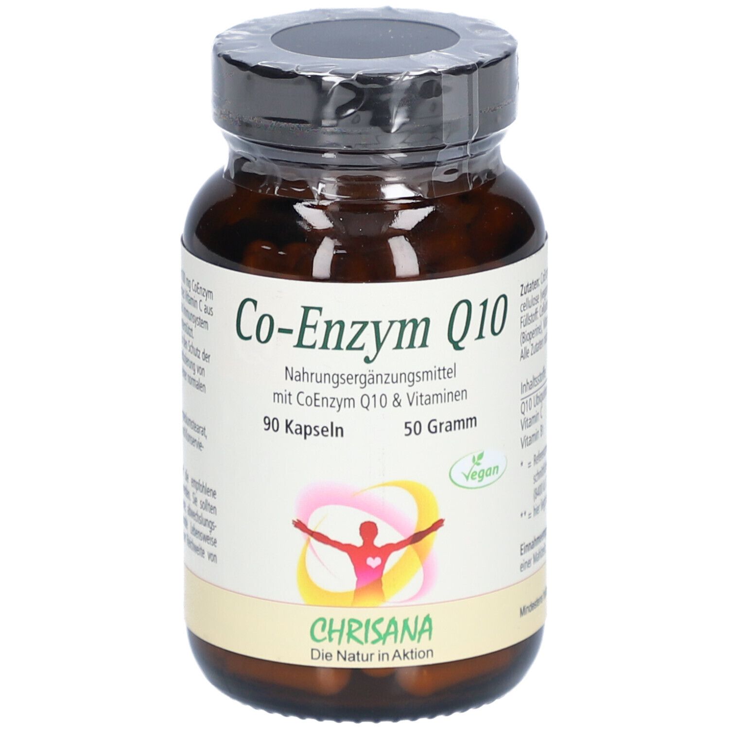 Flacon en verre brun avec bouchon noir. Inscription : Co-Enzyme Q10, 90 gélules, 50 grammes. Logo : Chrisana.